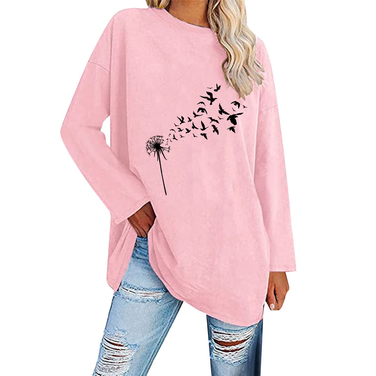 Women's Long Sleeve Dandelion Butterfly Print Oversized T-Shirt - Loose Casual Crewneck Tunic Top for Women | Perfect for Everyday Wear, Layering & Boho Outfits