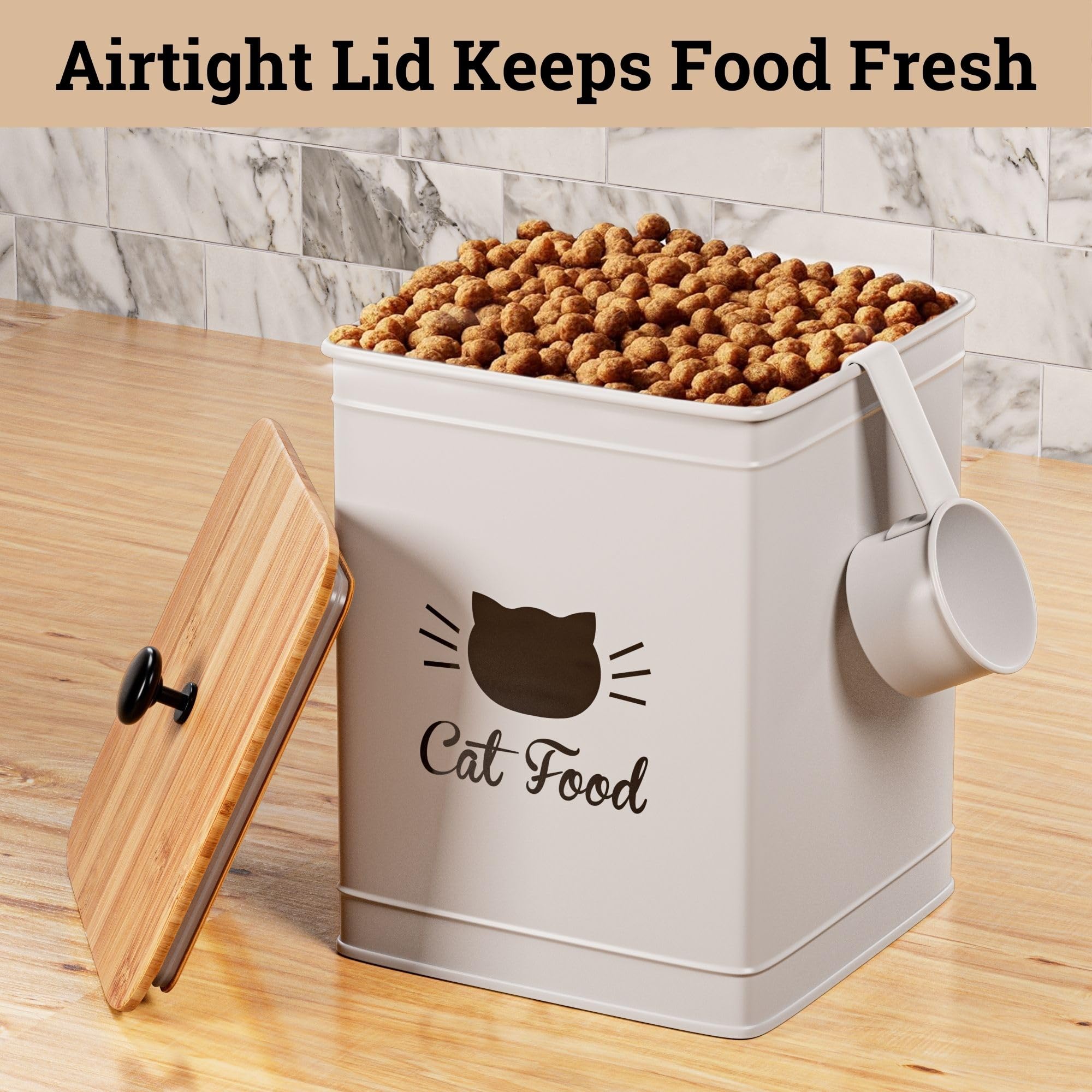 5-10 lb (25 Cup) Airtight Cat Food Storage Container with Metal Scoop & Bamboo Lid - Pet Food Dispenser for Dry Kibble - Perfect for Kitchen Pantry, Pet Travel & Fresh Food Preservation