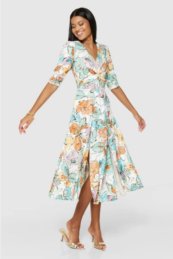 Orla Floral Midi Dress for Women - Orange Summer Floral Print Sundress | Perfect for Beach Vacations, Garden Parties & Date Nights