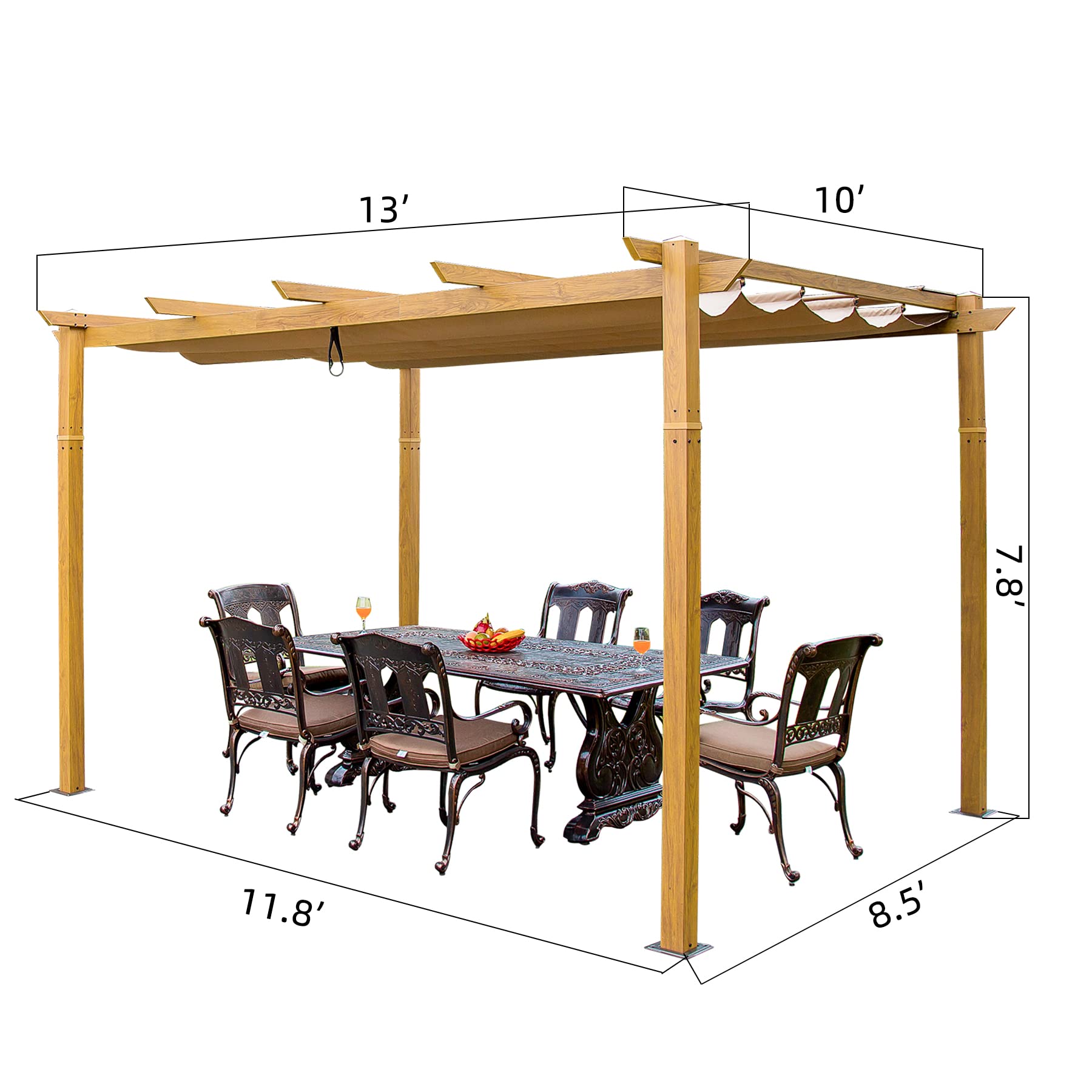10x13ft Outdoor Retractable Pergola with Sun Shade Canopy - Wood Look Metal Gazebo for Patio, Deck, Garden & Backyard - Perfect for Shade, Outdoor Dining & Relaxation