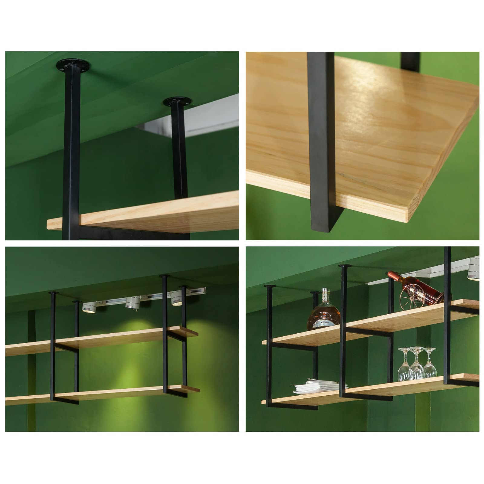 Industrial Ceiling Mount Shelf 2-Tier - Floating Shelves for Kitchen Storage, Wine Rack for Bottles & Glasses, Dish Organizer - Perfect for Restaurants, Bars & Home Kitchens (47.2×11.8×23.6in, Black) - Space-Saving Wall Storage Solution for Small Spaces