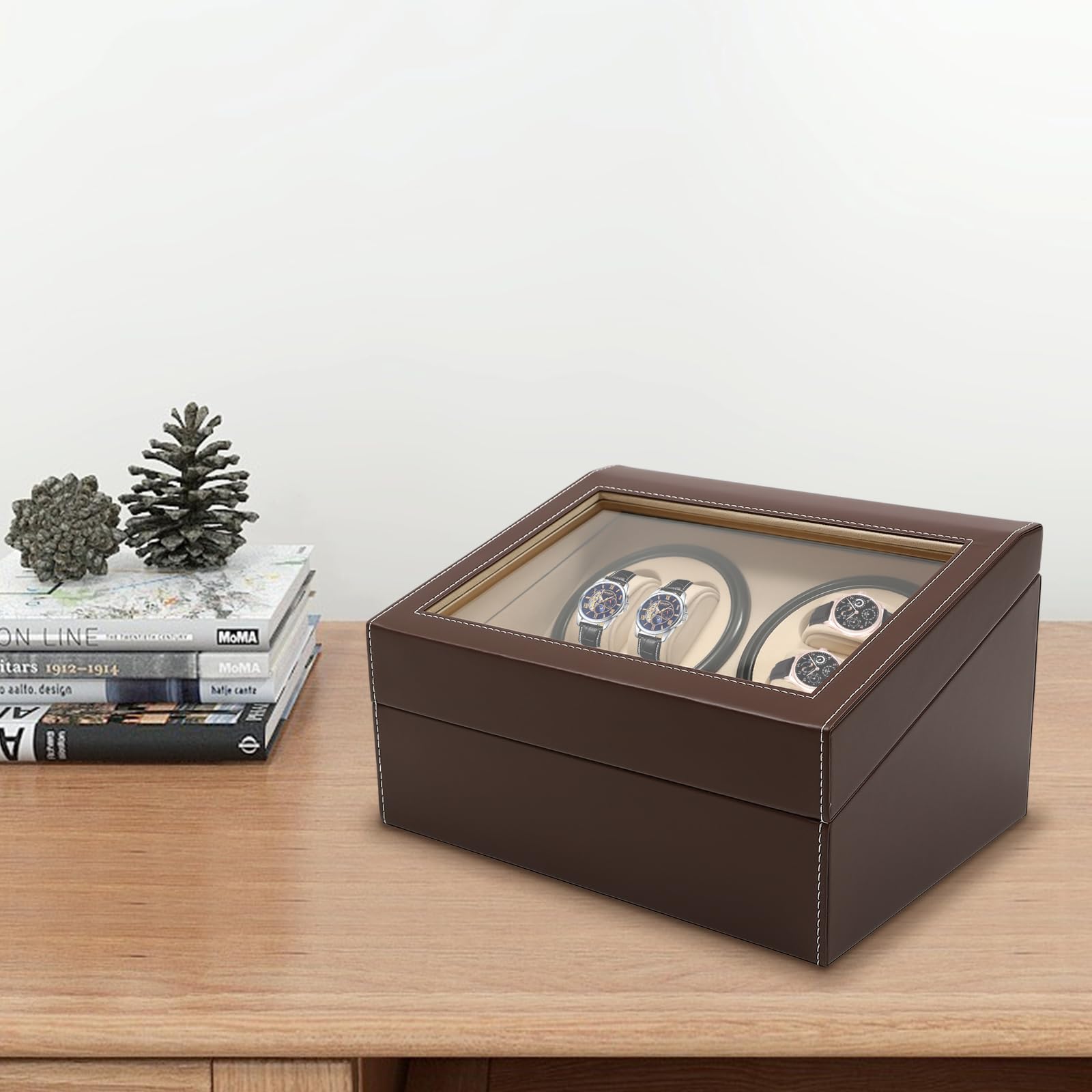 Automatic Watch Winder for 4-6 Watches - Rotating Display Case with Genuine Leather Storage Box for Men & Women (Brown) | Perfect for Watch Collection, Display & Protection at Home or Office