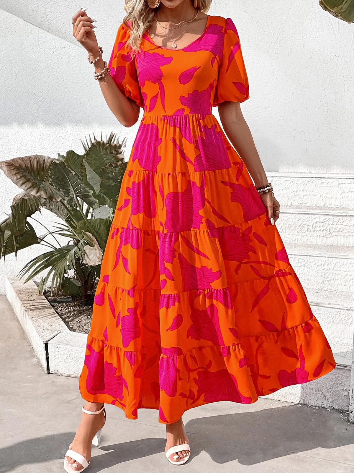 PRETTYGARDEN Women's Floral Summer Maxi Dress 2025 - Puff Sleeve, Smocked Backless, Flowy Tiered Design for Beach, Vacation & Casual Wear | Boho Chic Dress for Outdoor Parties, Date Nights & Summer Getaways