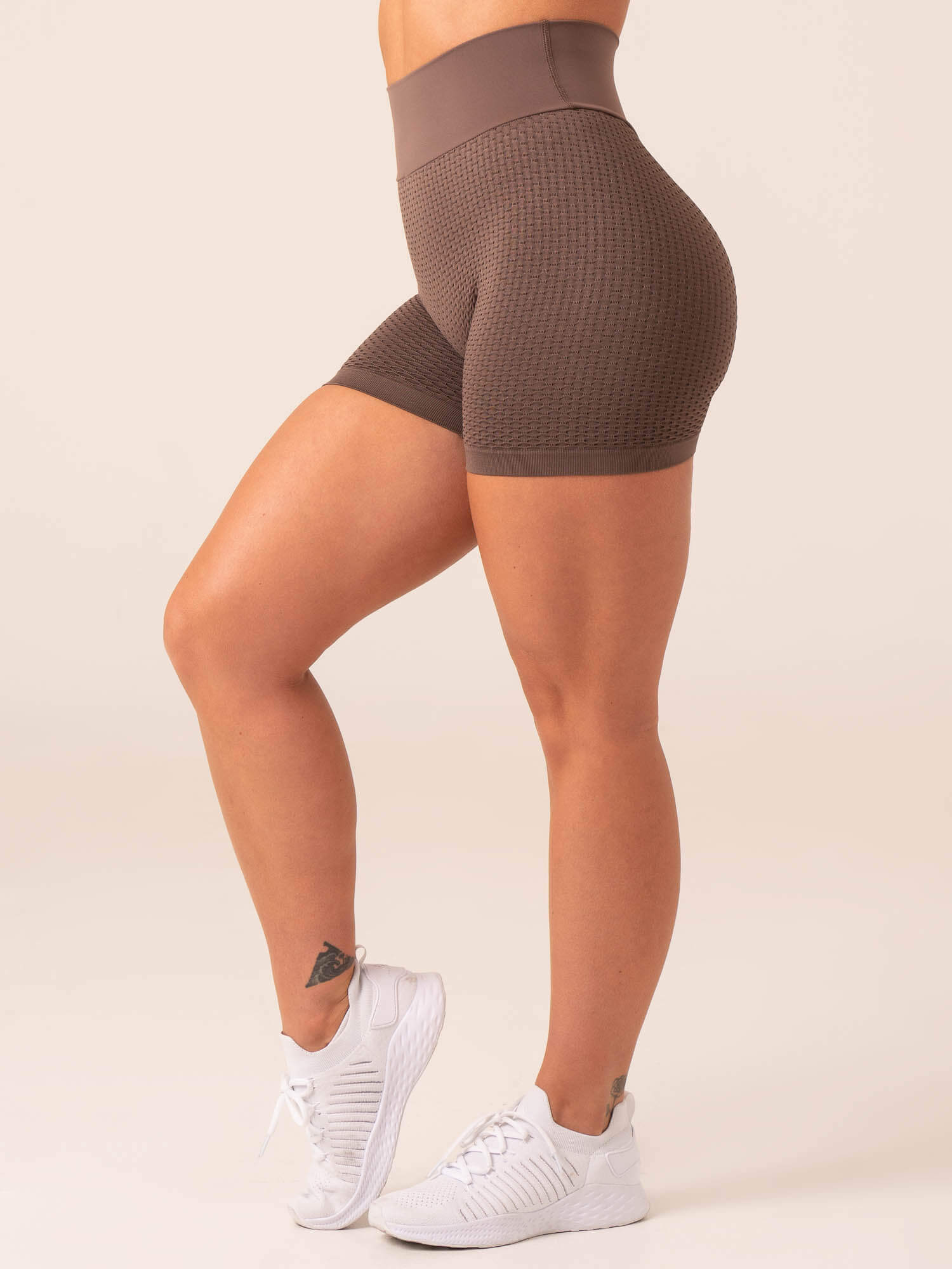 Honeycomb Scrunch Seamless Shorts for Women - Comfortable High Waisted Yoga Shorts in Taupe | Perfect for Workout, Lounge & Summer Activities