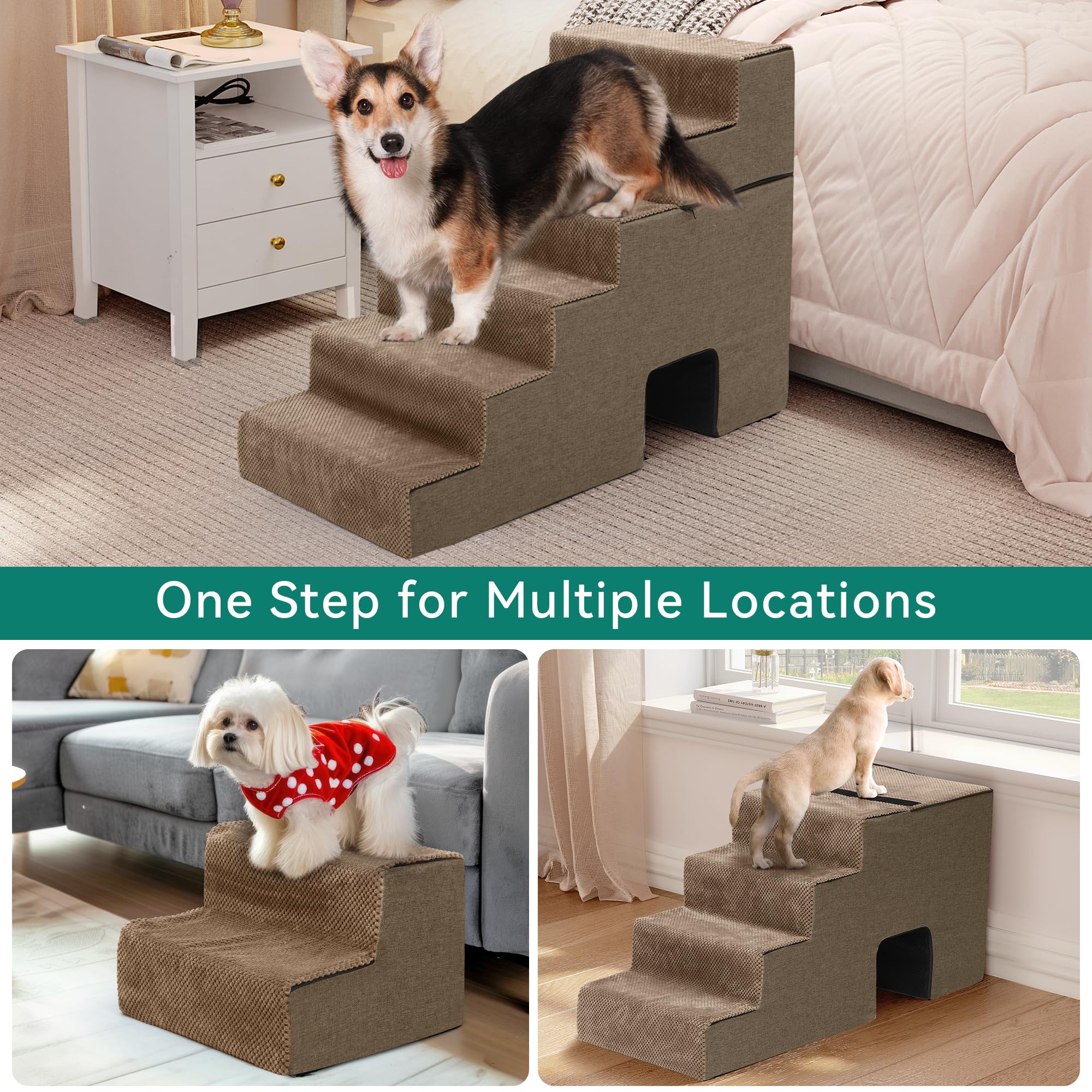 Premium Foam Dog Stairs for High Beds & Couches - Non-Slip Pet Steps for Small Dogs & Senior Pets with Washable Cover, 6-Tier Brown | Ideal for Bedroom, Living Room & Pet-Friendly Homes
