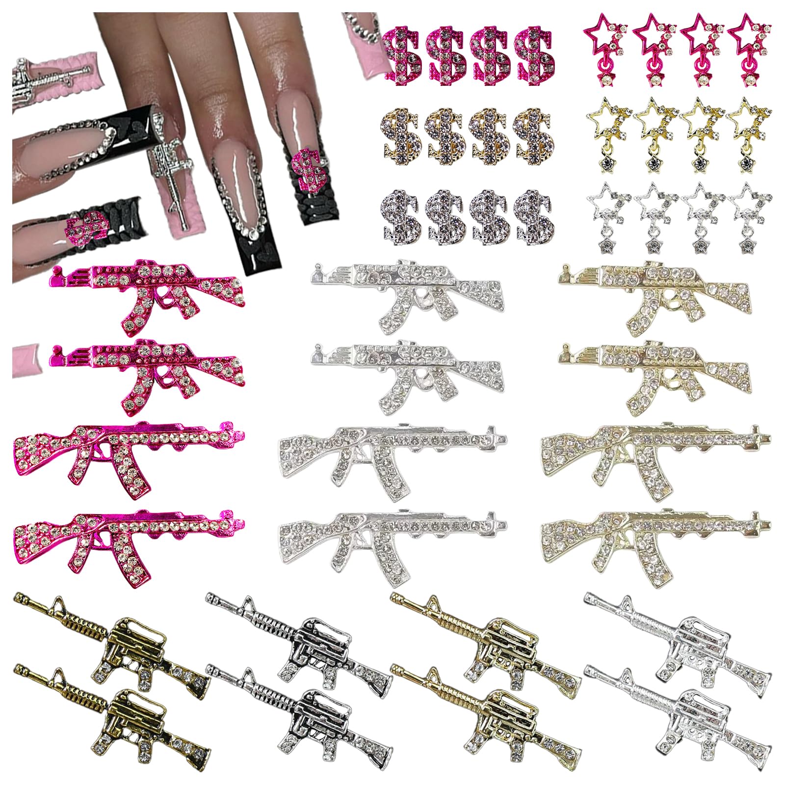 44PCS Gun Nail Charms - Gold & Silver Alloy Nail Art Rhinestones with Dollar Sign & Star Designs - Acrylic Nail Decorations for DIY Nail Art - Perfect for Salon, Party, and Special Occasion Nail Designs