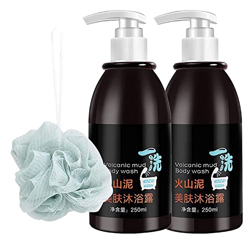 Volcanic Mud Body Wash with Exfoliating Bath Ball - Deep Cleansing & Whitening Shower Gel with Pump (250ml) - Fast-Acting Skin Brightening, Moisturizing & Firming Formula - Perfect for Spa Day & Post-Workout Refreshment (2-Pack)