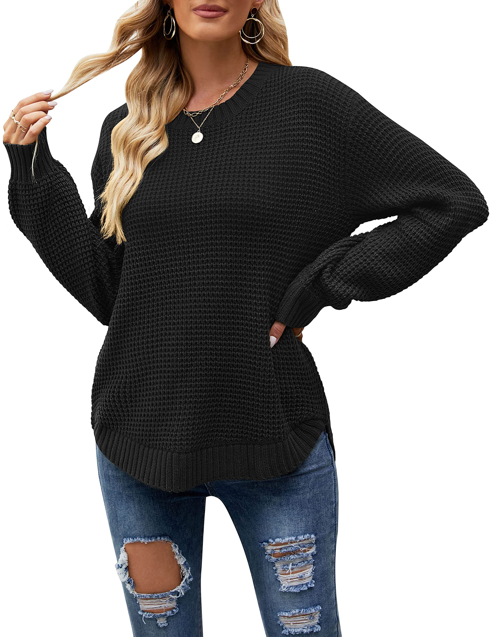 MEROKEETY Women's 2024 Fall Casual Waffle Knit Sweater - Long Balloon Sleeve Loose Pullover Jumper - Cozy Autumn Outfit for Work, Date & Weekend Wear