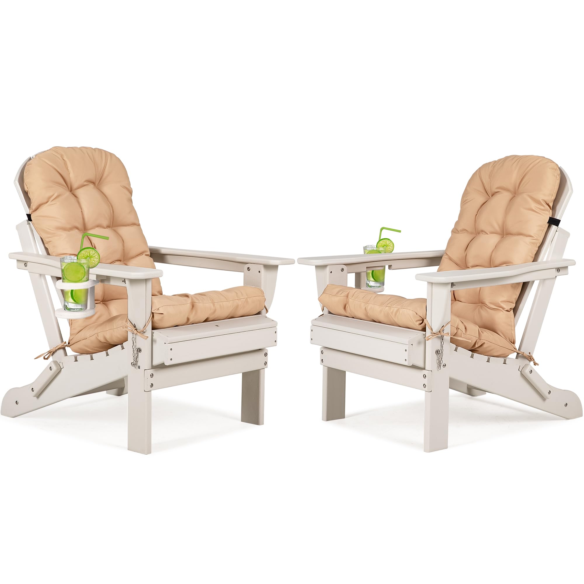 Nalone 2-Pack Folding Adirondack Chairs with Cushions & Cup Holders - HDPE Plastic Oversized Patio Chairs, Weather-Resistant Outdoor Furniture for Garden, Deck, Fire Pit, Camping & Backyard Relaxation (White)