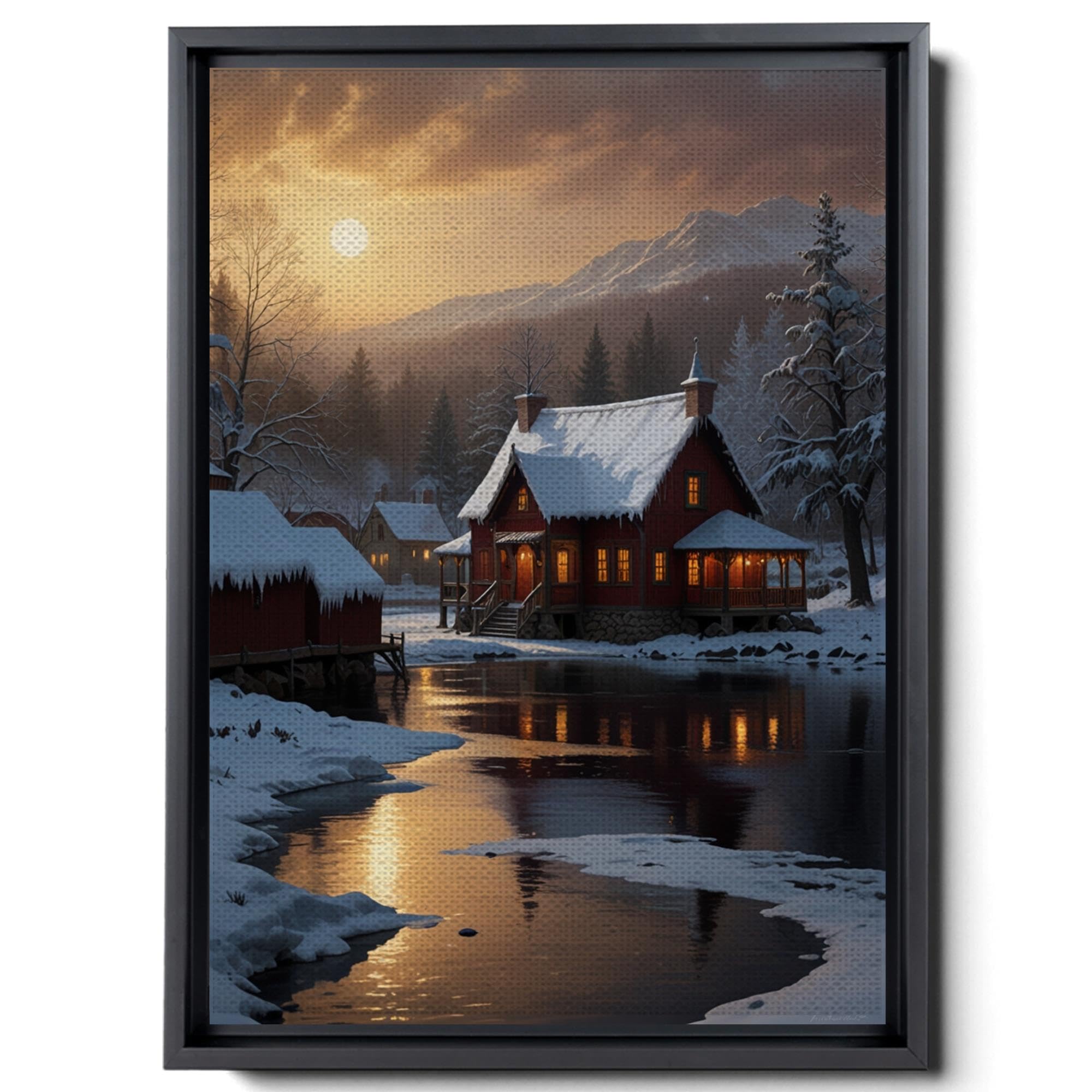 Christmas Winter Wonderland Canvas Print - Snowy Vintage Village Wall Art in Neutral Rustic Style - Cozy Festive Home Decor for Living Room, Bedroom & Office