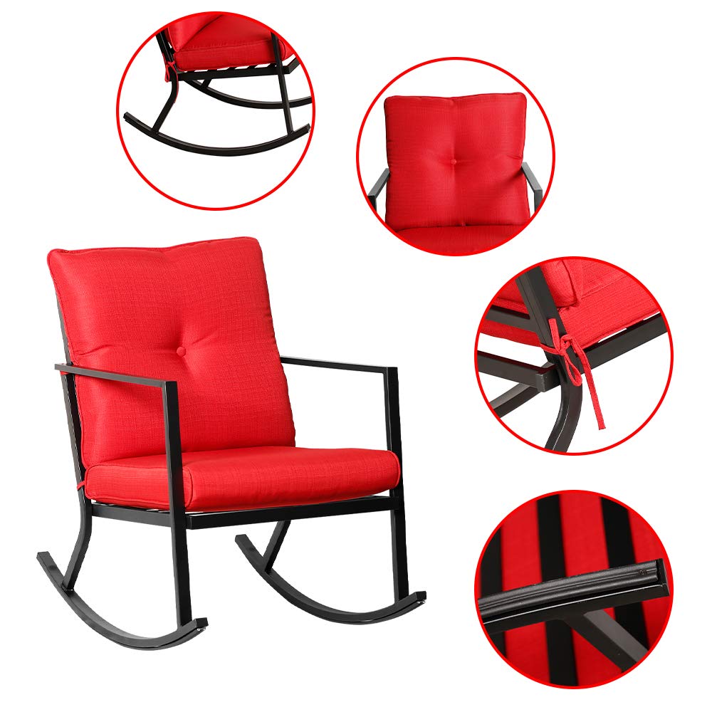BALI OUTDOORS 2-Piece Patio Rocking Chair Set with Thick Red Cushions & Black Steel Frame - Modern Outdoor Rocker Furniture for Garden, Porch, Backyard Relaxation
