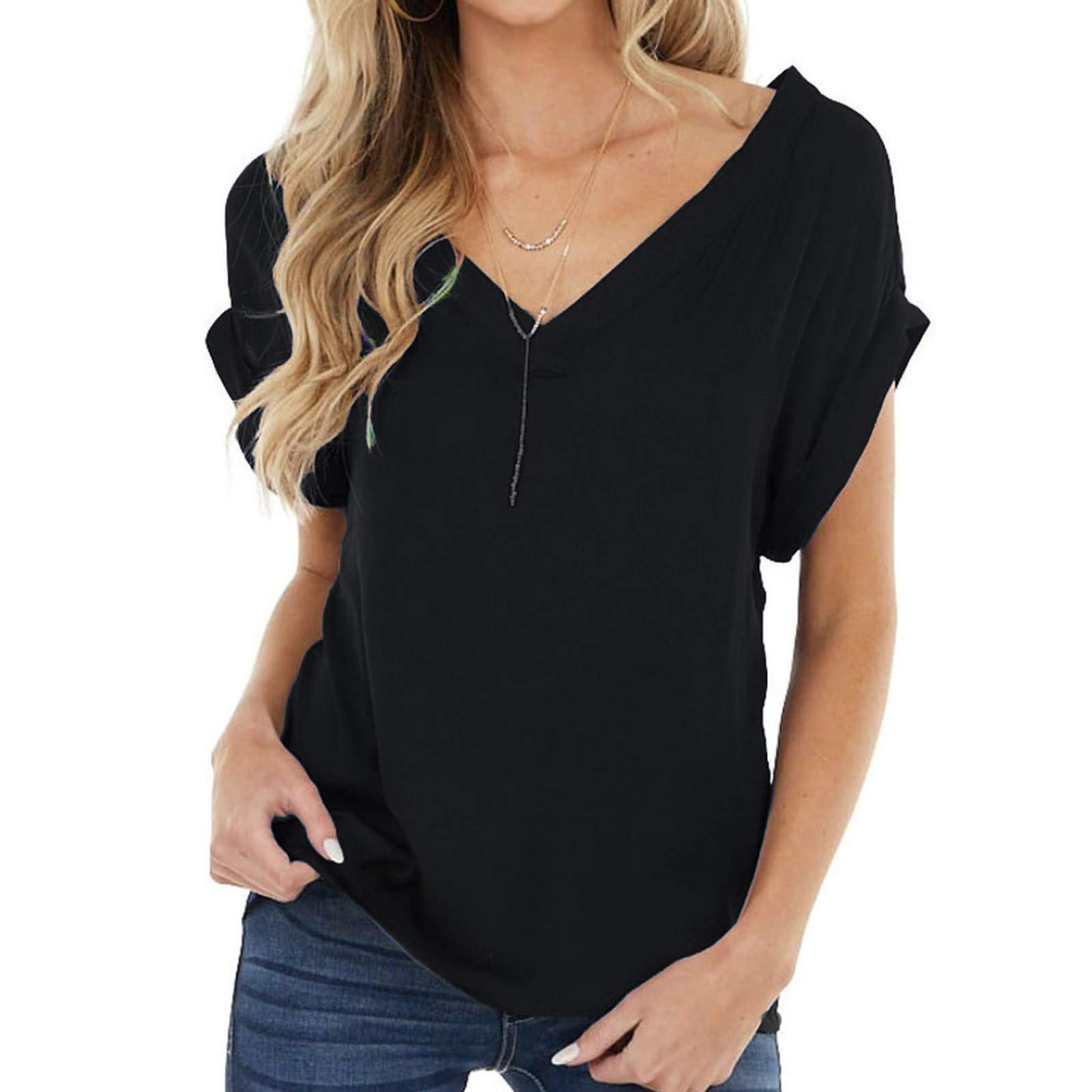 Women's V-Neck T-Shirt - Loose Fit Casual Short Sleeve Blouse for Everyday Wear, Work & Weekend Outfits