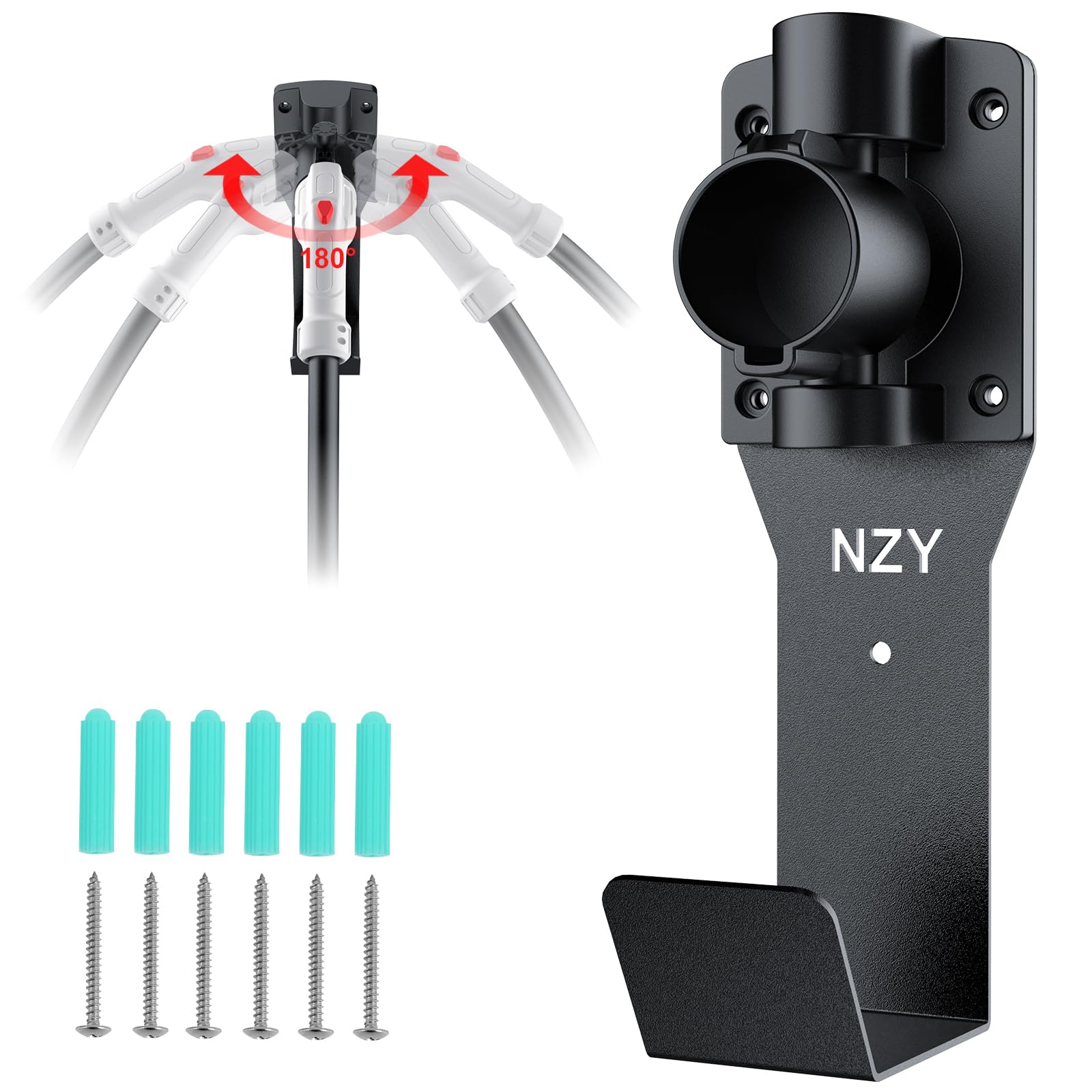 180° Rotating EV Charger Holder Wall Mount Kit - SAE J1772 Connector Holster Dock for Electric Vehicles - Indoor/Outdoor J-Hook Cable Organizer - Perfect for Home Garage & Public Charging Stations