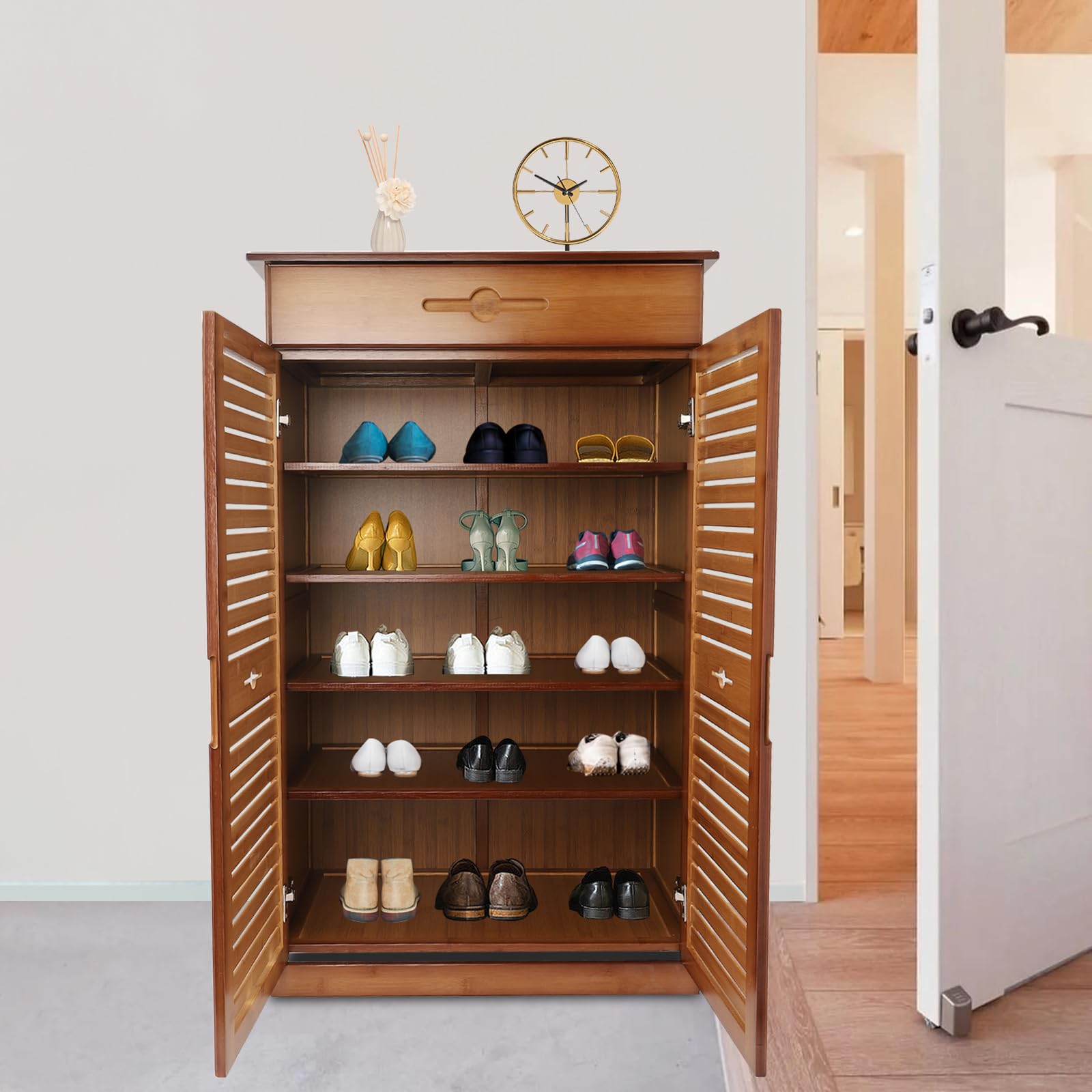 5-Tier Bamboo Shoe Storage Cabinet with Drawer & Adjustable Shelves - Space Saving Shoe Organizer Rack for Hallway, Bedroom, Living Room, Entryway & Dorm - Perfect for Small Spaces & Closet Organization