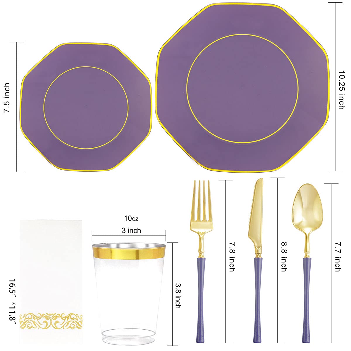140-Piece Purple Plastic Party Set with Gold Rim Plates, Gold Silverware, Clear Cups & Napkins - Elegant Disposable Tableware for Mardi Gras, Mother's Day & Special Occasions - Perfect for Weddings, Birthday Parties & Holiday Gatherings