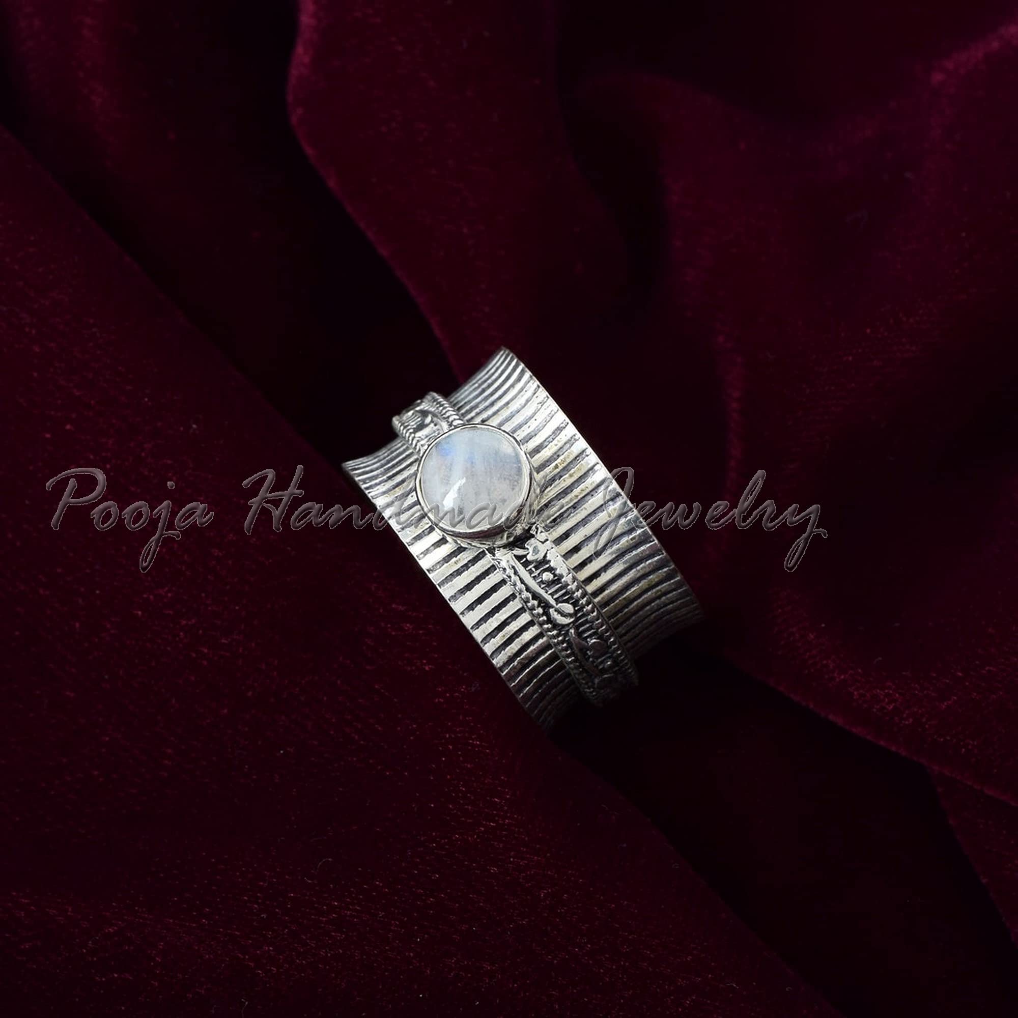 Spinner Rings for Women - Anxiety Relief & Worry Ring with Rainbow Moonstone - Handmade Boho Thumb Ring for Meditation & Stress Relief - Perfect Promise Gift for Christmas & Everyday Wear