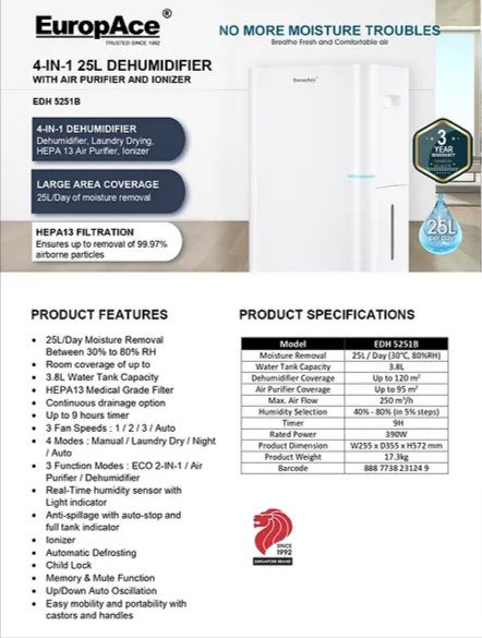 Europace EDH 5251B 4-in-1 25L Dehumidifier with Air Purifier & Ionizer - White (EDH5251BWH) for Home, Basement, and Office Moisture Control & Air Purification