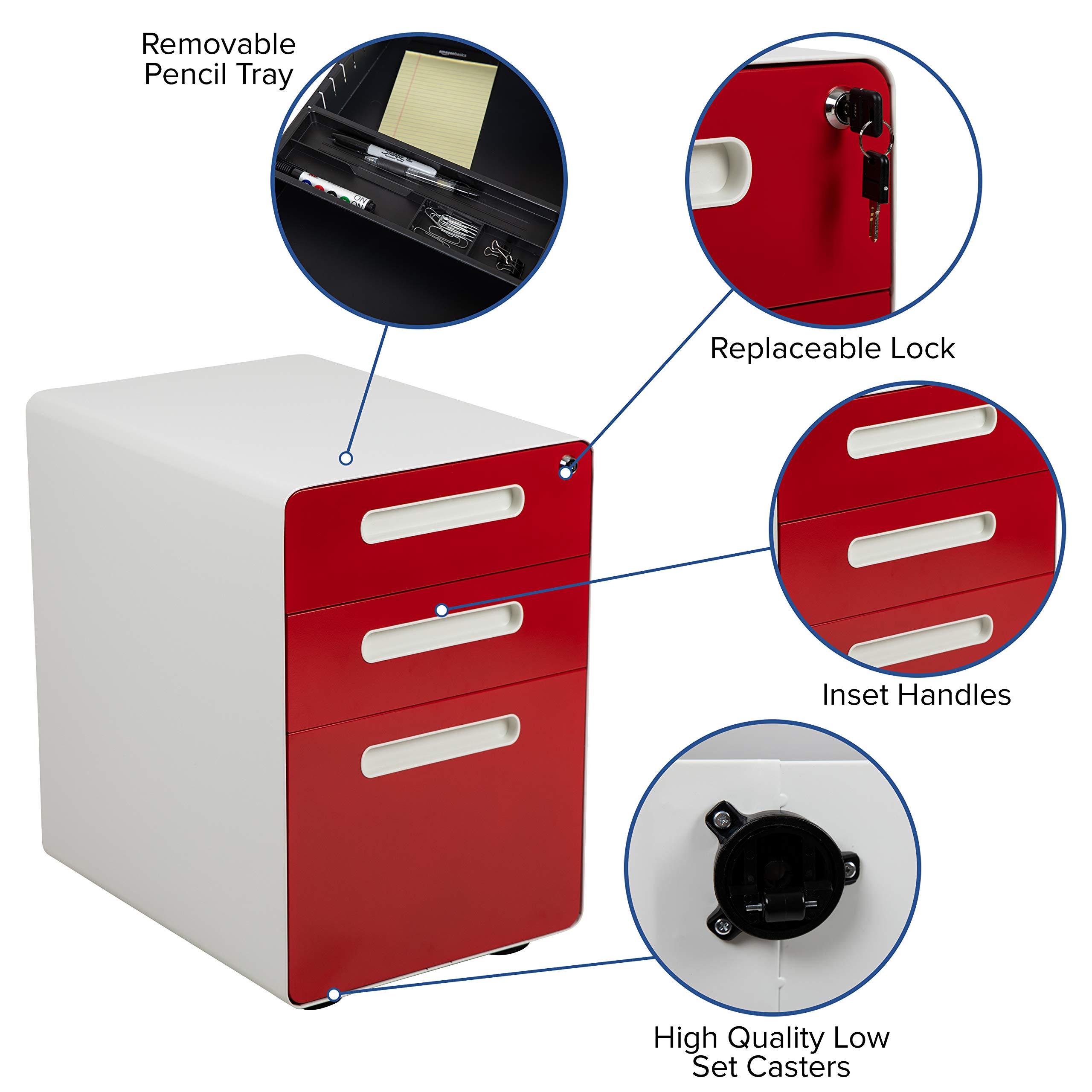 Ergonomic 3-Drawer Mobile Locking Filing Cabinet - White with Red Faceplate | Secure Office Storage Solution for Documents & Files | Perfect for Home Office, Workplace & Business Organization