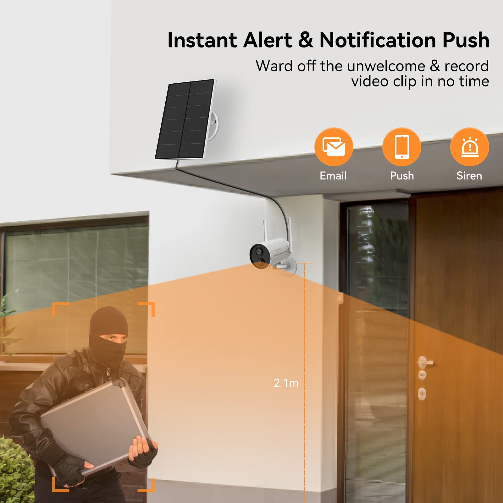 LongPlus Solar Powered Wireless Outdoor Security Camera - 3.0MP WiFi Battery Camera with 2-Way Audio, PIR Motion Detection, Alarm & Color Night Vision | IP66 Weatherproof | Ideal for Home, Yard, Garage & Business Surveillance