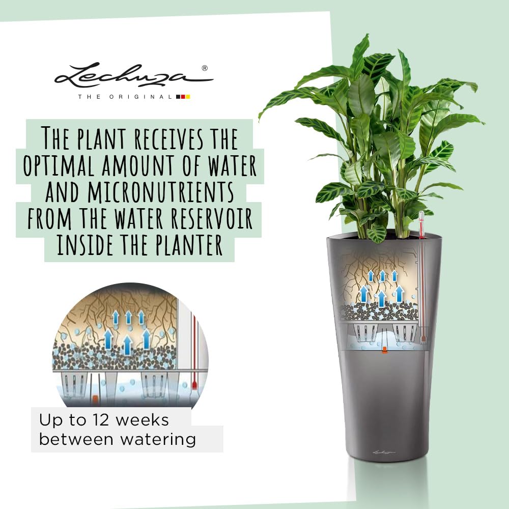 Lechuza Delta 40 Self-Watering Planter - Large Indoor/Outdoor Garden Flower Pot with Drainage Holes & Plant Substrate - 29.5 Inch (75cm) Charcoal Metallic Polyresin - Perfect for Living Room, Patio, or Office Decor