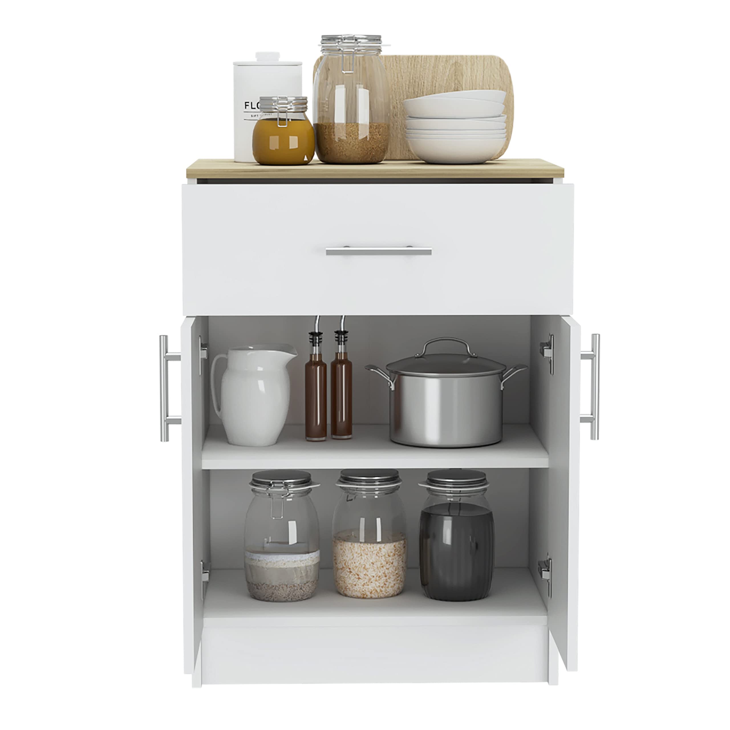 White/Light Oak Oxford Pantry Cabinet with Double Doors, Drawer & Metal Handles - 2 Interior Shelves for Kitchen Storage, Pantry Organization & Dining Room Decor