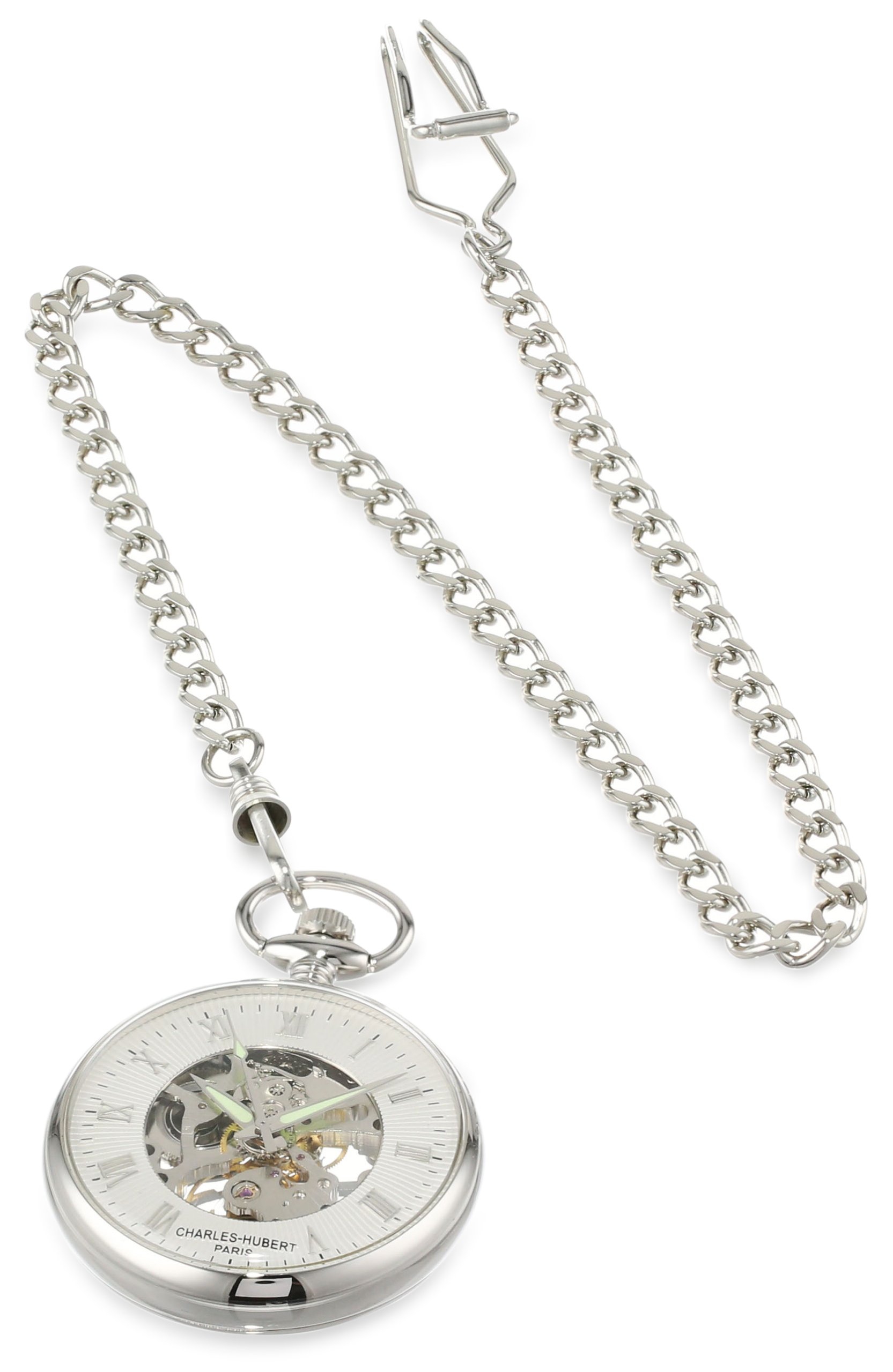Charles-Hubert Paris Open Face Mechanical Pocket Watch - Vintage Style Silver Pocket Watch for Men - Perfect for Formal Events, Weddings & Collectors