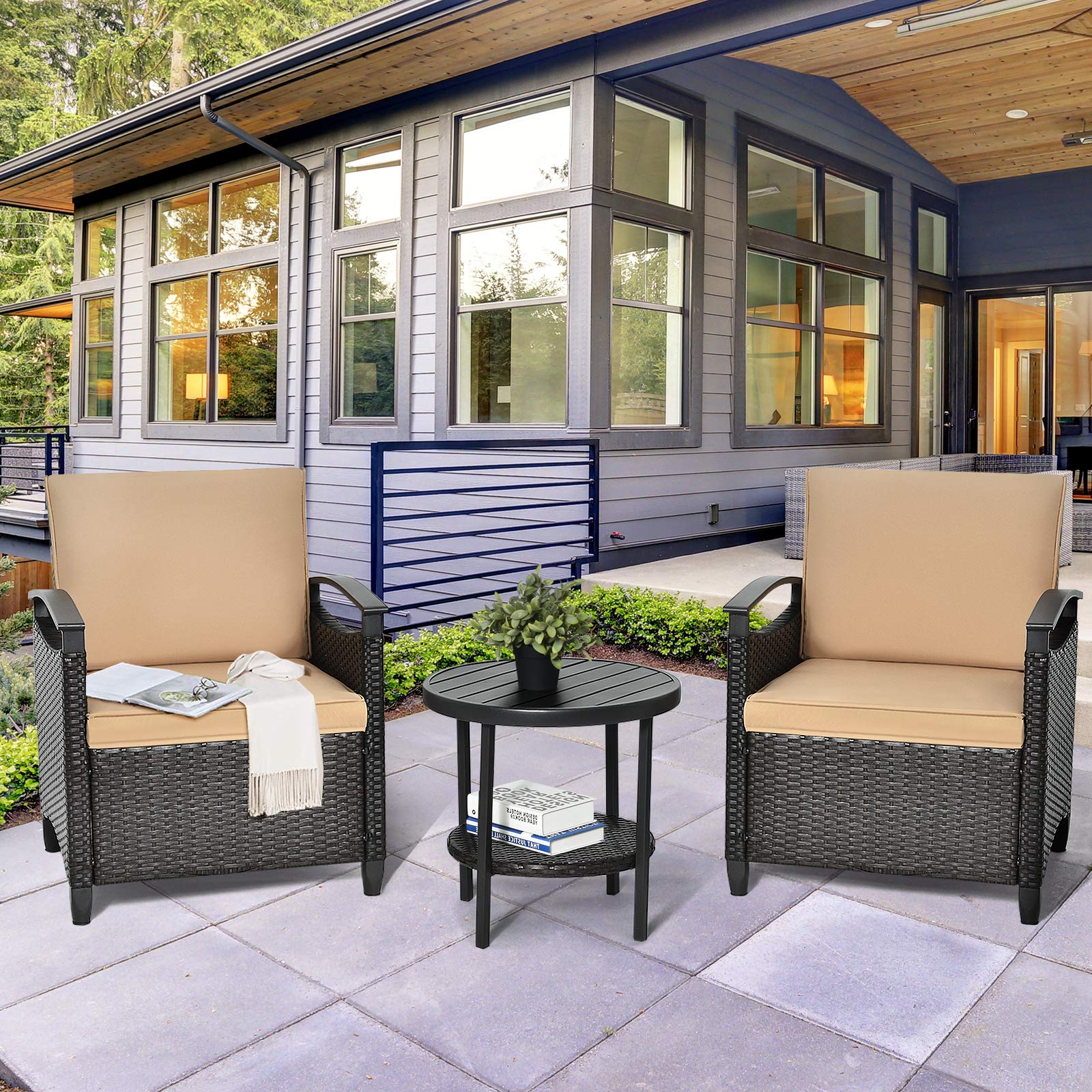 Tangkula 3-Piece Rattan Patio Furniture Set with Coffee Table - Outdoor Wicker Sofa Conversation Set with Cushions, Durable Steel Frame - Perfect for Garden, Backyard, Balcony, Poolside & Outdoor Entertaining