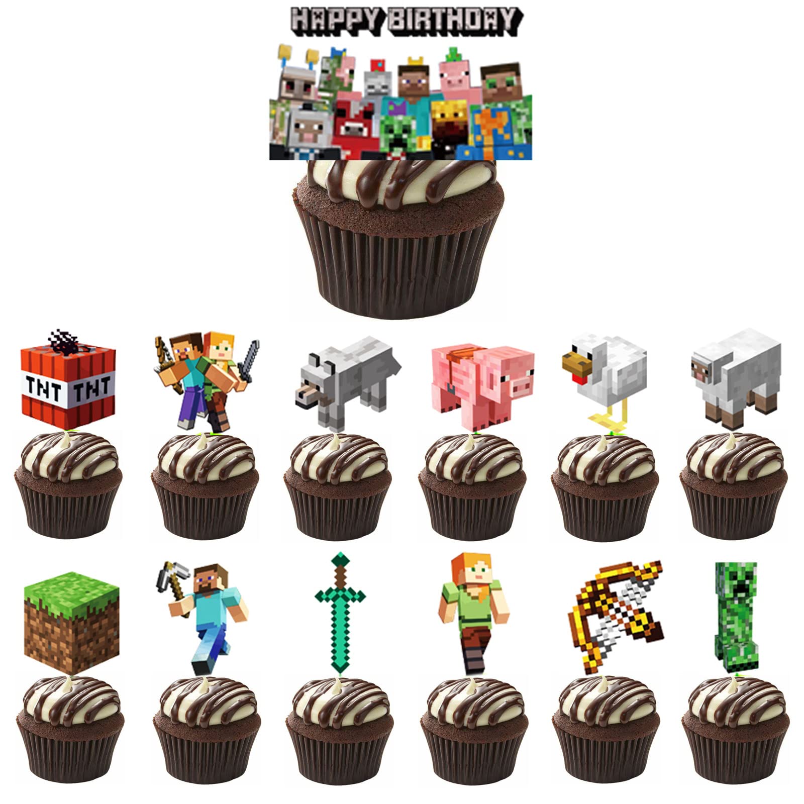 26PCS Pixel Craft Miner Game Cupcake Toppers - DIY Pixel Art Party Decorations for Minecraft Birthday, Baby Shower & Gamer Themed Celebrations - Perfect for Cupcakes, Cakes & Desserts