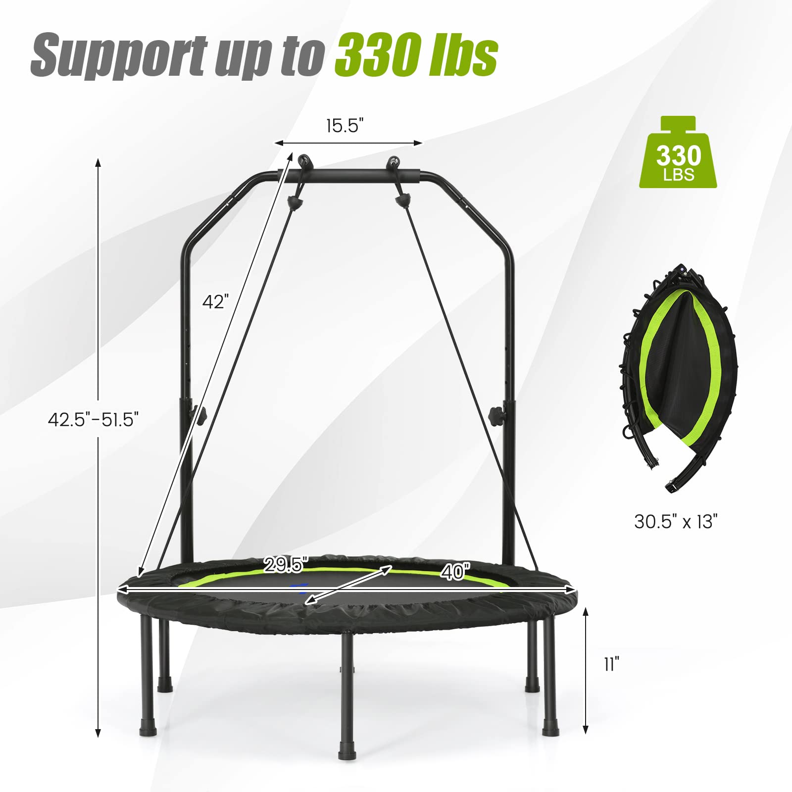 Goplus 40” Folding Fitness Trampoline with Safety Handrail - Adjustable 4-Level Height, Includes 2 Resistance Bands - Portable Mini Exercise Rebounder for Indoor & Outdoor Workouts - Perfect for Home Gym, Cardio Training, Weight Loss, and Family Fitness Activities