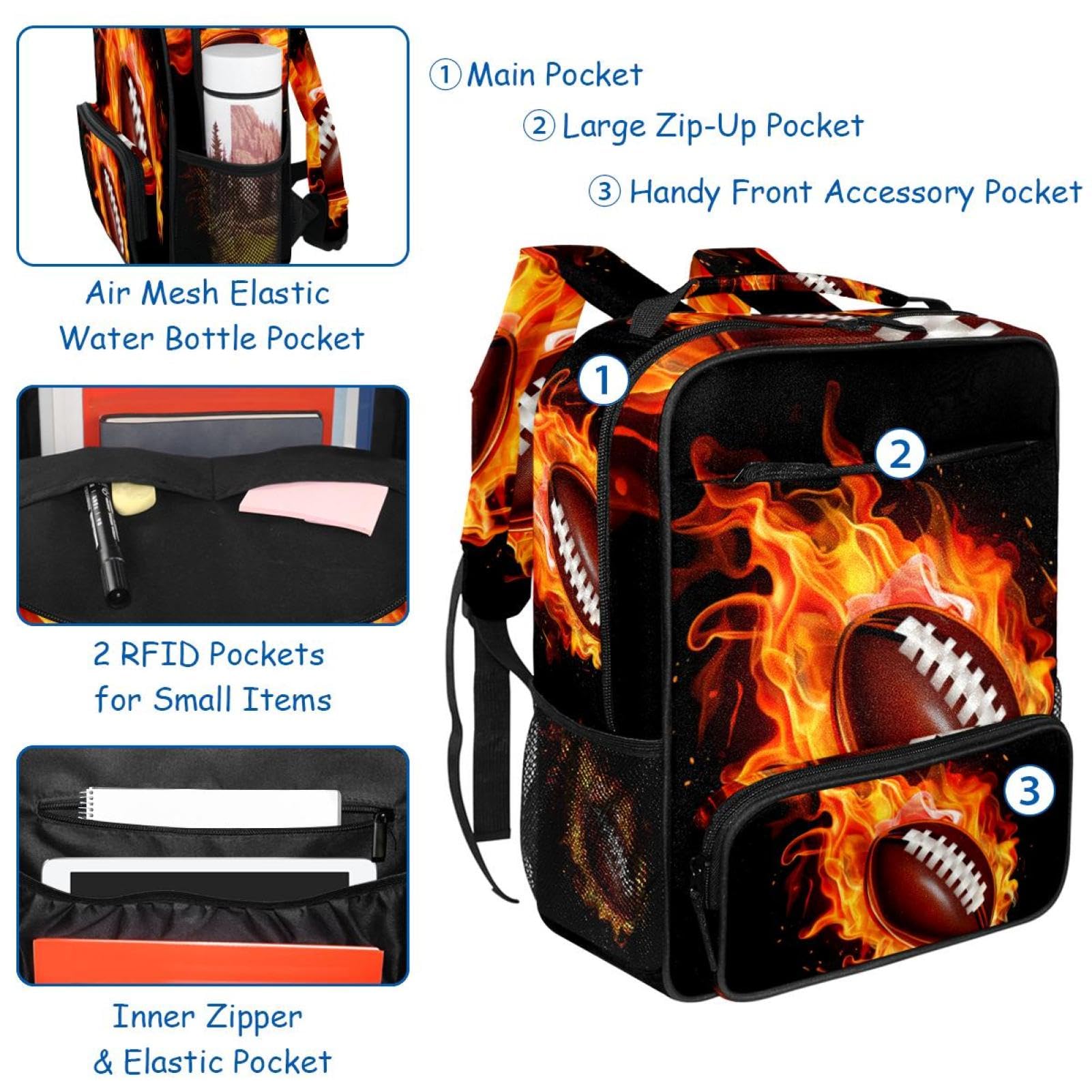 Best Travel Backpacks for Women & Men - Durable American Football Design Backpack for Hiking, Camping & Daily Commute