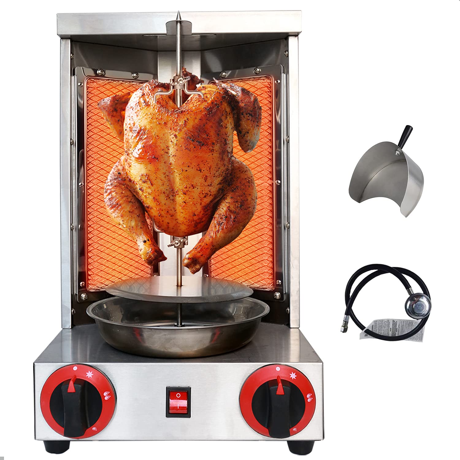 Li Bai Commercial Shawarma Machine - 110V Doner Kebab Grill with 2 Burners, Stainless Steel Vertical Rotisserie Broiler for Gyro, Chicken & Meat - Perfect for Restaurants, Food Trucks & Home Kitchens (Propane Gas Powered)