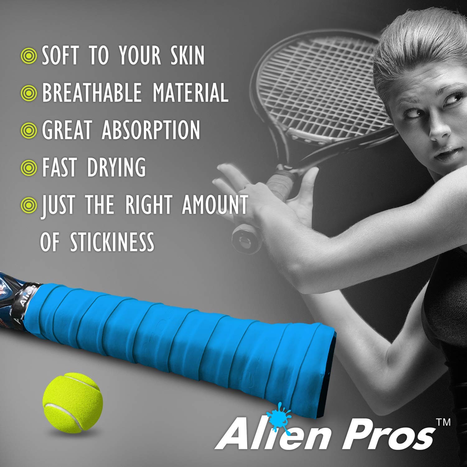 ALIEN PROS 18 Pack Blue Tennis Racket Grip Tape – Precut, Light Tac Feel, Durable Tennis Grip for Enhanced Performance on Court