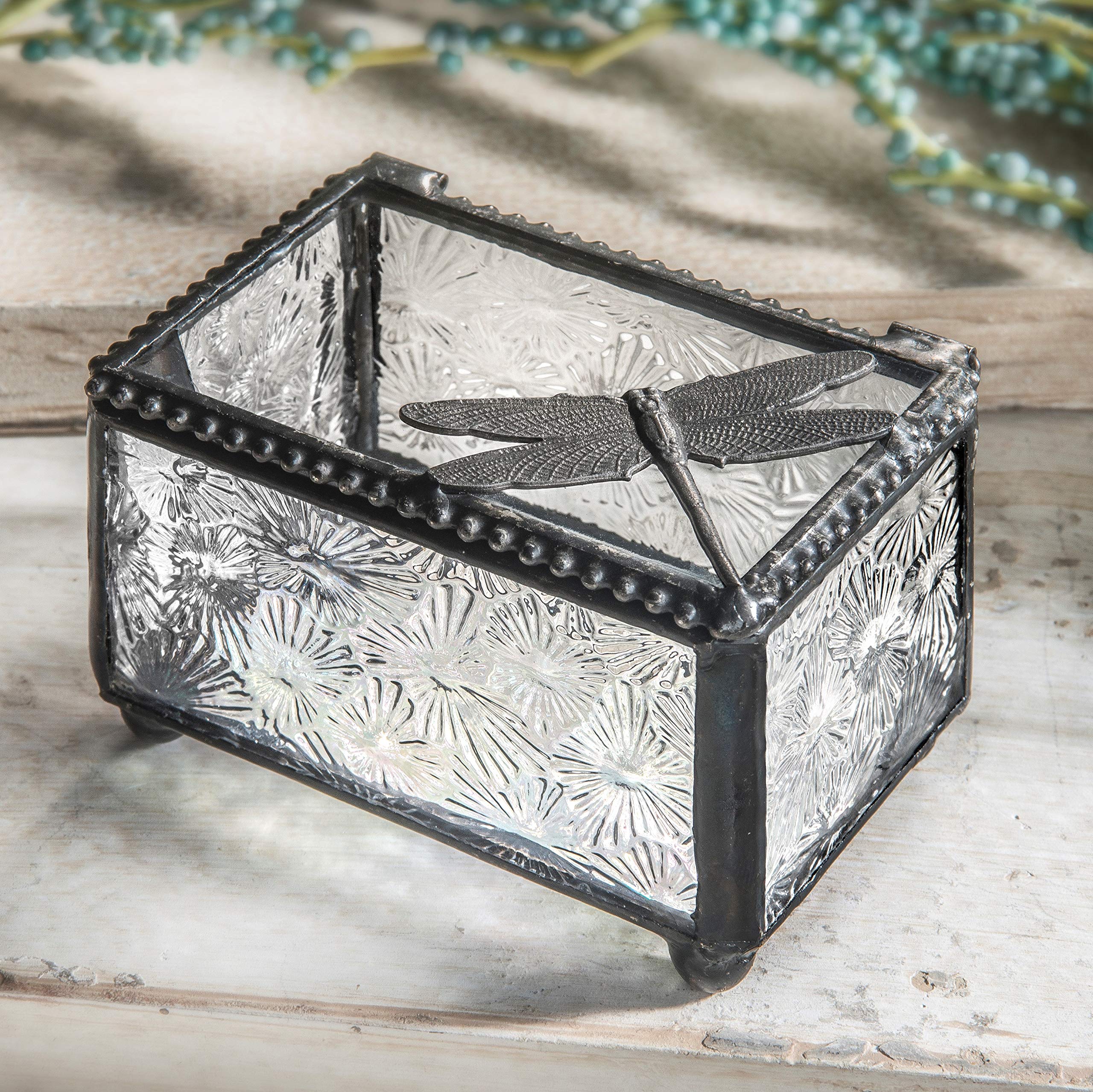 J Devlin Glass Art - Handmade Dragonfly Trinket Box for Jewelry, Rings & Keepsakes - Elegant Glass Storage Box with Lid - Perfect for Home Decor, Gift Giving & Collectibles (Box 291)