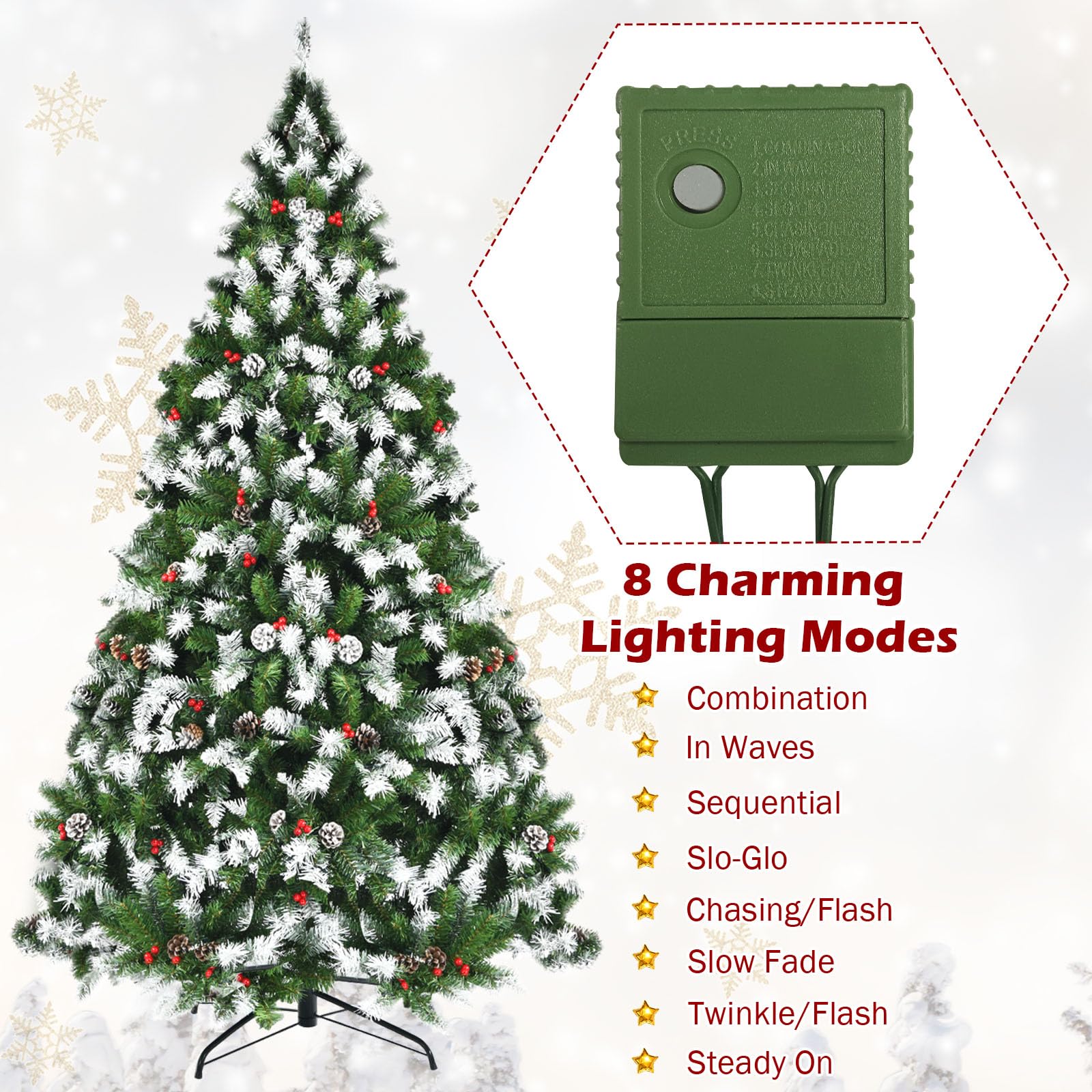 GOFLAME 6ft Pre-Lit Snow Flocked Artificial Christmas Tree with 250 Warm White LED Lights, 8 Lighting Modes, Hinged Branches & Sturdy Metal Stand - Perfect for Living Room, Office, and Holiday Festival Indoor Decorations