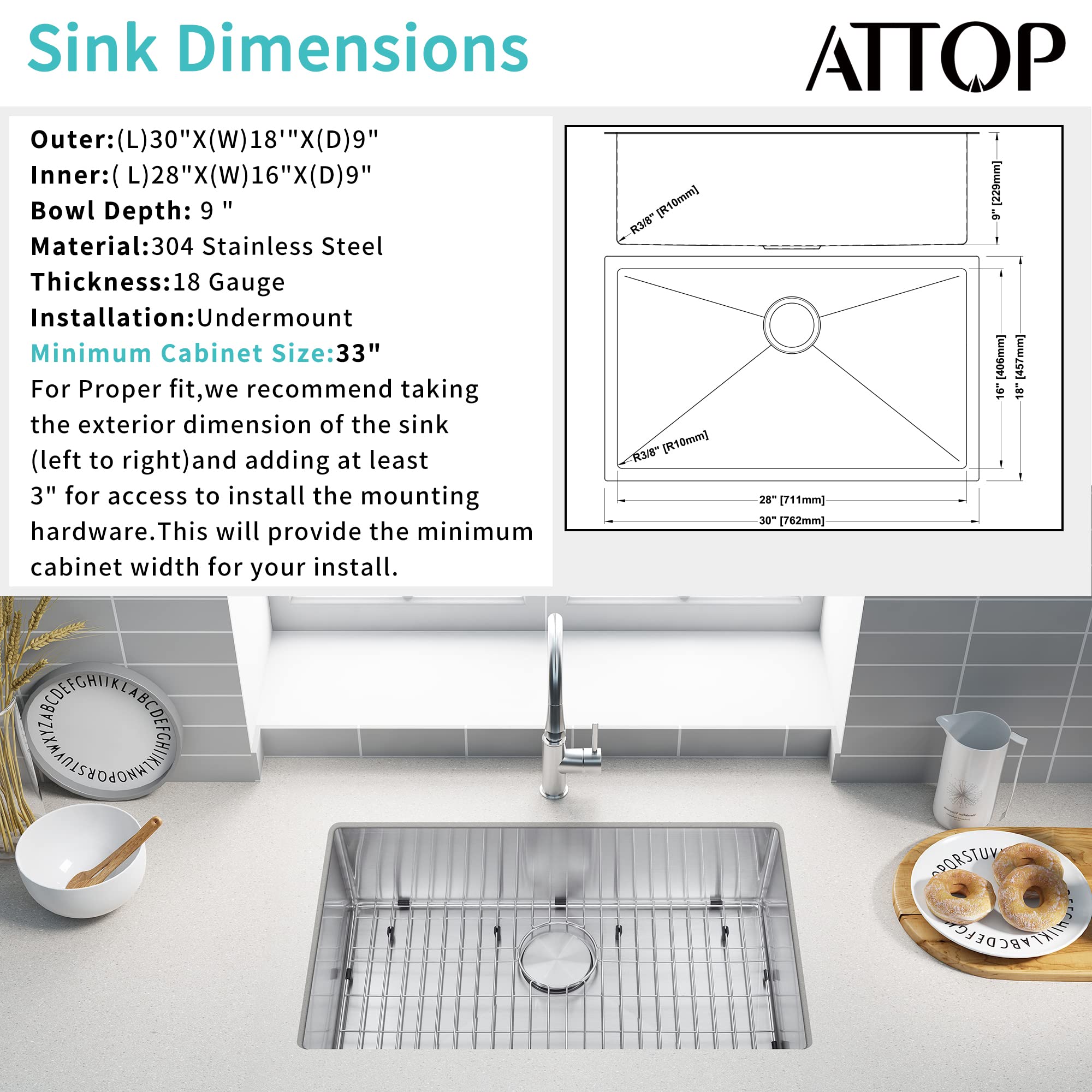 30 Inch Undermount Single Bowl Kitchen Sink - 30''x18'' Stainless Steel Drop-in Sink for Modern Kitchens - Perfect for Food Prep, Dishwashing & Entertaining