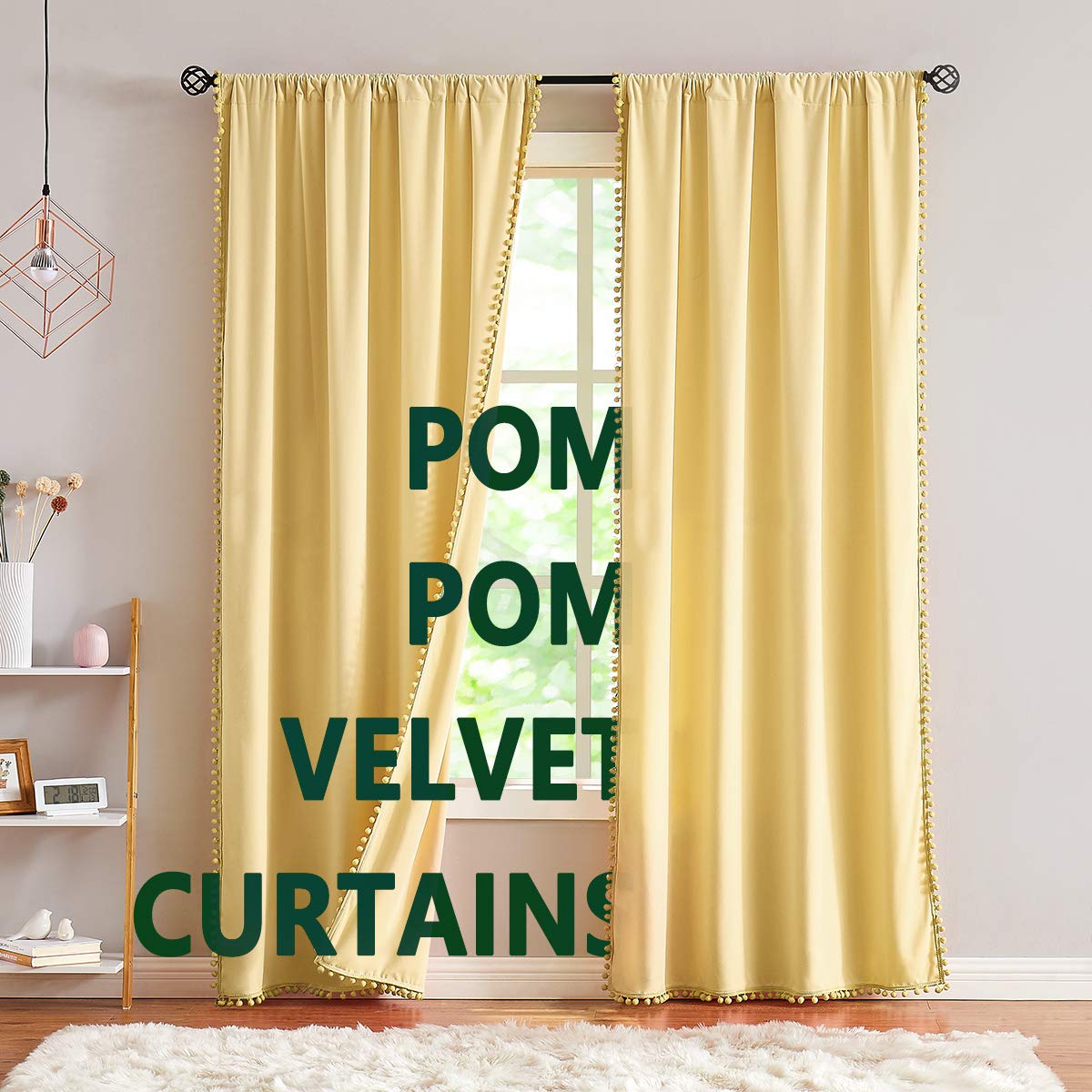 Luxury Yellow Pompom Velvet Curtains 84