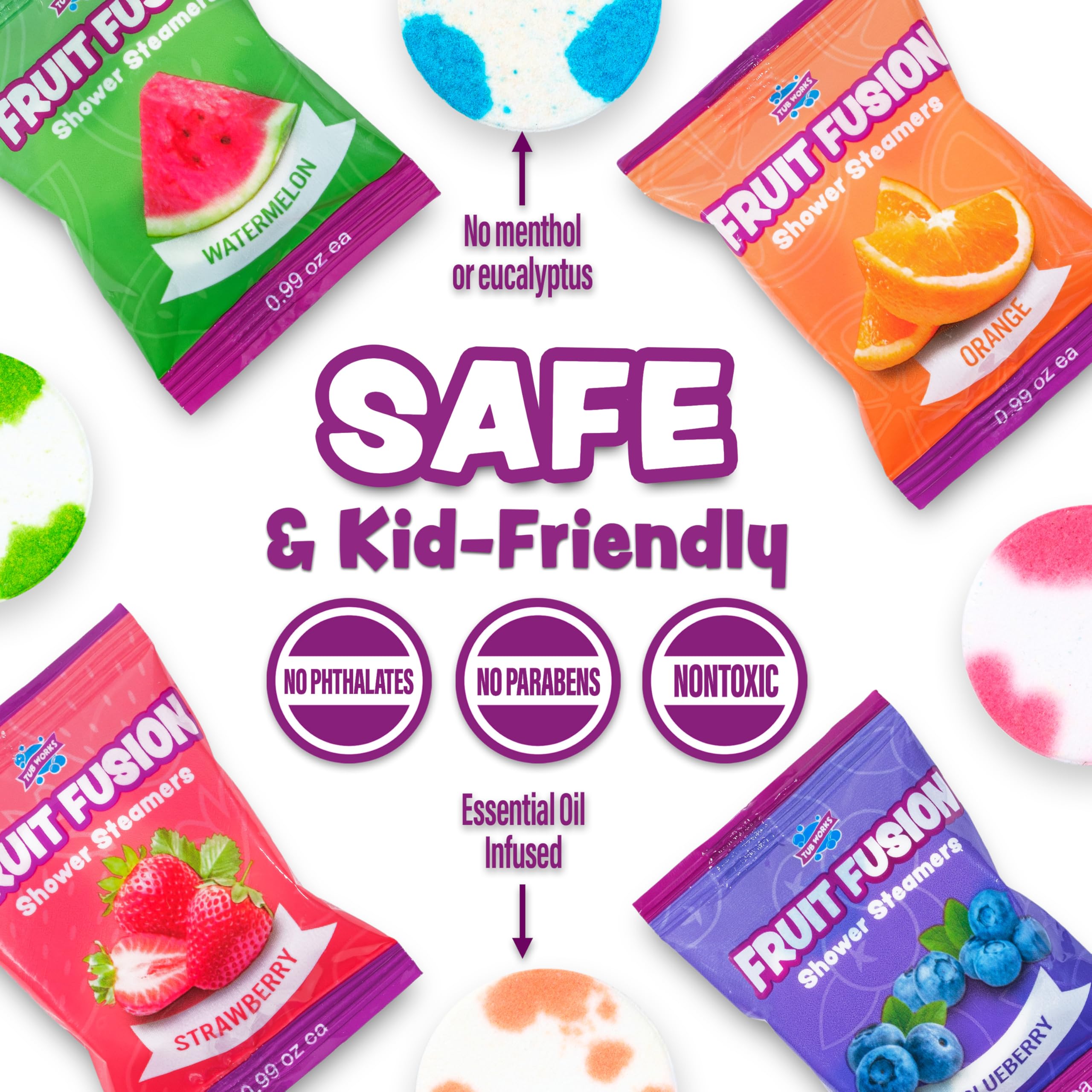 Tub Works® Fruit Fusion™ Kids Shower Steamers - 12 Pack Variety | Fresh & Fruity Aromatherapy Shower Bombs | Sensory Bath Alternative for Children | Perfect for Relaxing Bath Time, Birthday Gifts & Spa Day Fun