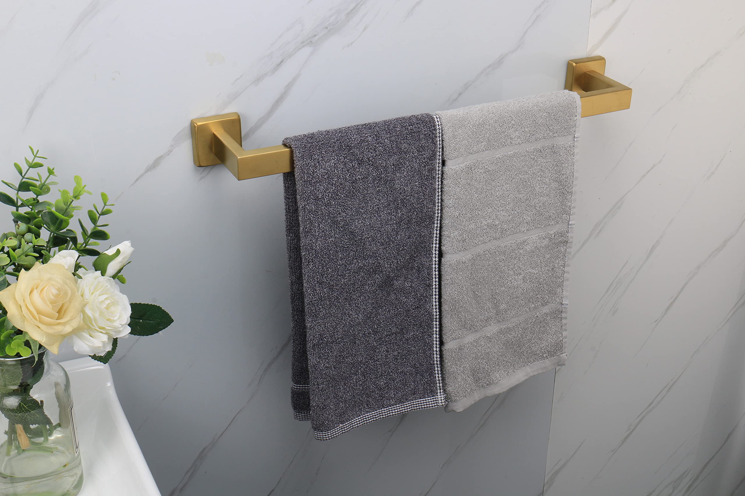 TocTen Premium Stainless Steel Bath Towel Rack - Heavy Duty Wall Mounted Towel Holder with Square Base, Brushed Gold Finish (20 Inch) for Bathroom & Spa Decor | Perfect for Modern Homes, Hotels, and Luxury Bathroom Accessories