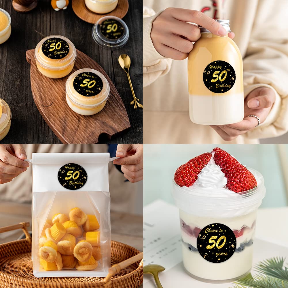 REWIDPARTY Black Gold 50th Birthday Stickers Rolls - 500 Cheers to 50 Years Adhesive Party Stickers for Birthday & Anniversary Decorations - Perfect for Party Favors, Cake Toppers & Gift Wrapping