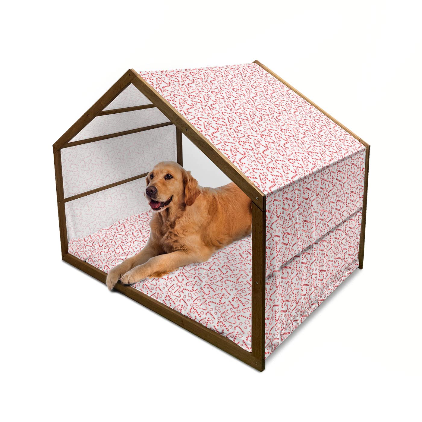 Ambesonne Christmas Themed Dog House - Xmas Candy Cane & Stars Design, Indoor & Outdoor Portable Wooden Dog Kennel with Pillow & Cover, 2X-Large Size in Vermilion White - Perfect Holiday Gift for Pets & Seasonal Home Decor