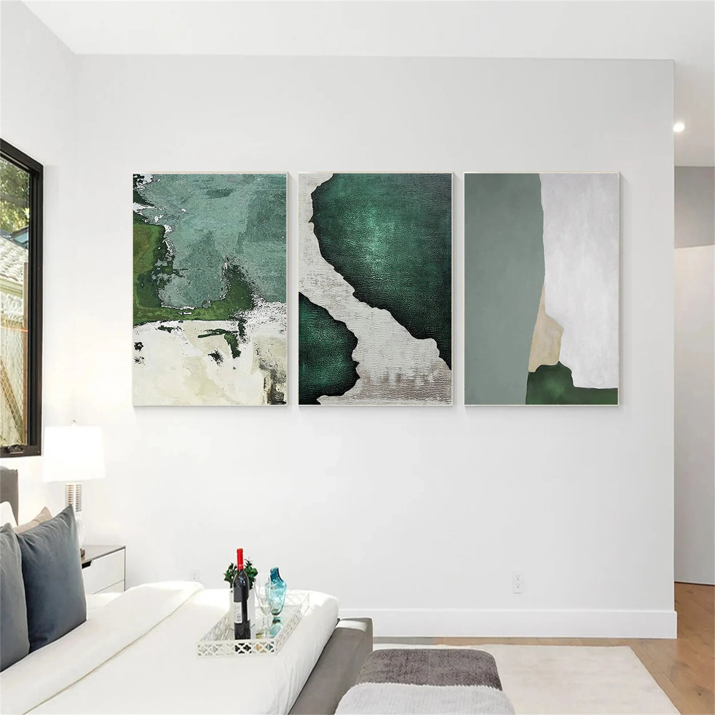 Blue & Green Abstract Wall Art Set of 3 Paintings - Modern Canvas Prints for Living Room, Bedroom & Office Decor | BG081