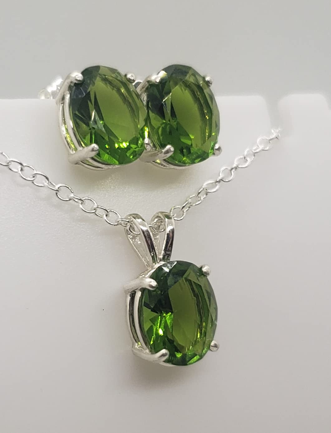 Elegant Oval Peridot Sterling Silver Earrings and Necklace Set - Perfect for Weddings, Anniversaries & Special Occasions
