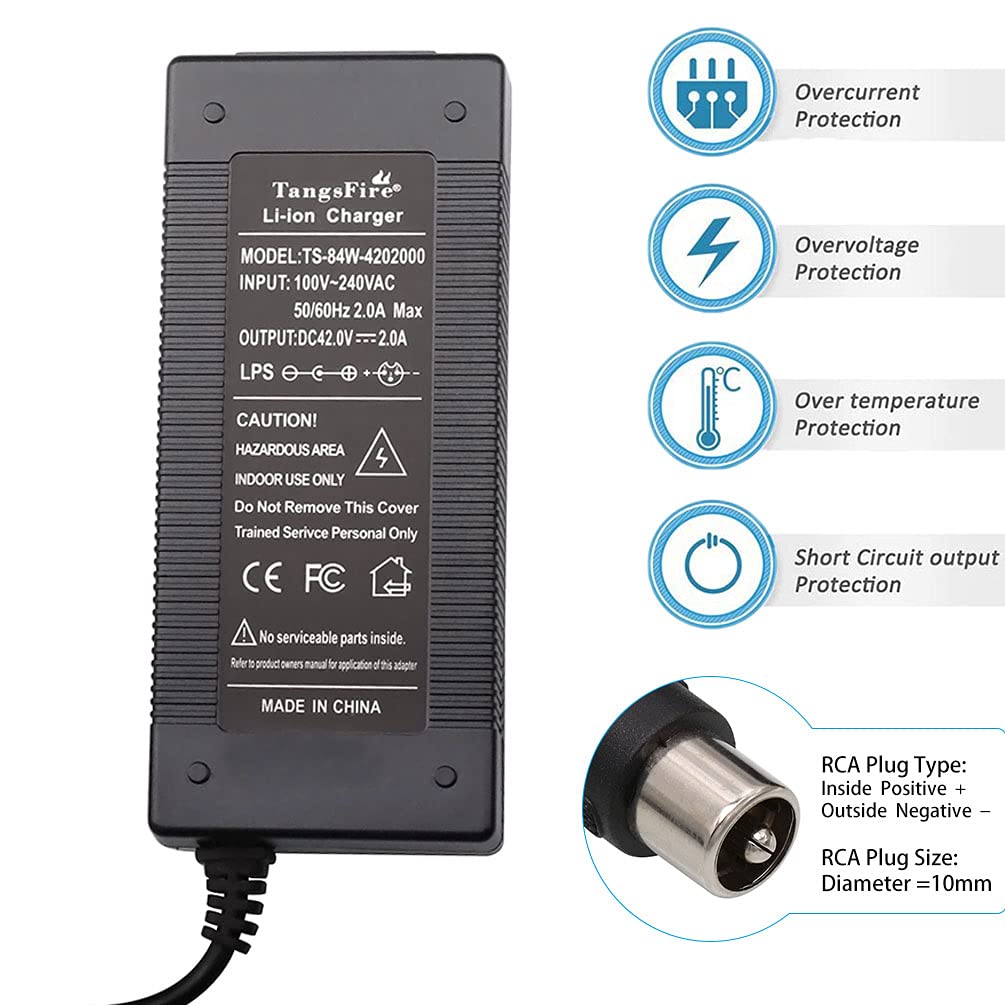 36V 42V 2A Lithium Battery Charger for Electric Bikes - 100-240V AC Input with RCA 10mm Lotus Plug - Compatible with 10S 36V Ebike (Not for Xiaomi Scooter) - Perfect for Commuting, Leisure Rides & Outdoor Adventures