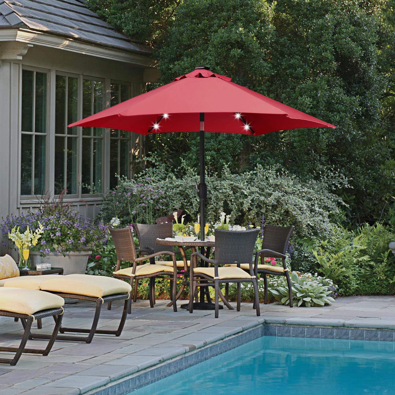 Topeakmart 10ft Solar LED Patio Umbrella with Push Button Tilt & Crank - Waterproof Outdoor Market Canopy for Garden, Poolside, Backyard, Restaurant & Cafe Dining