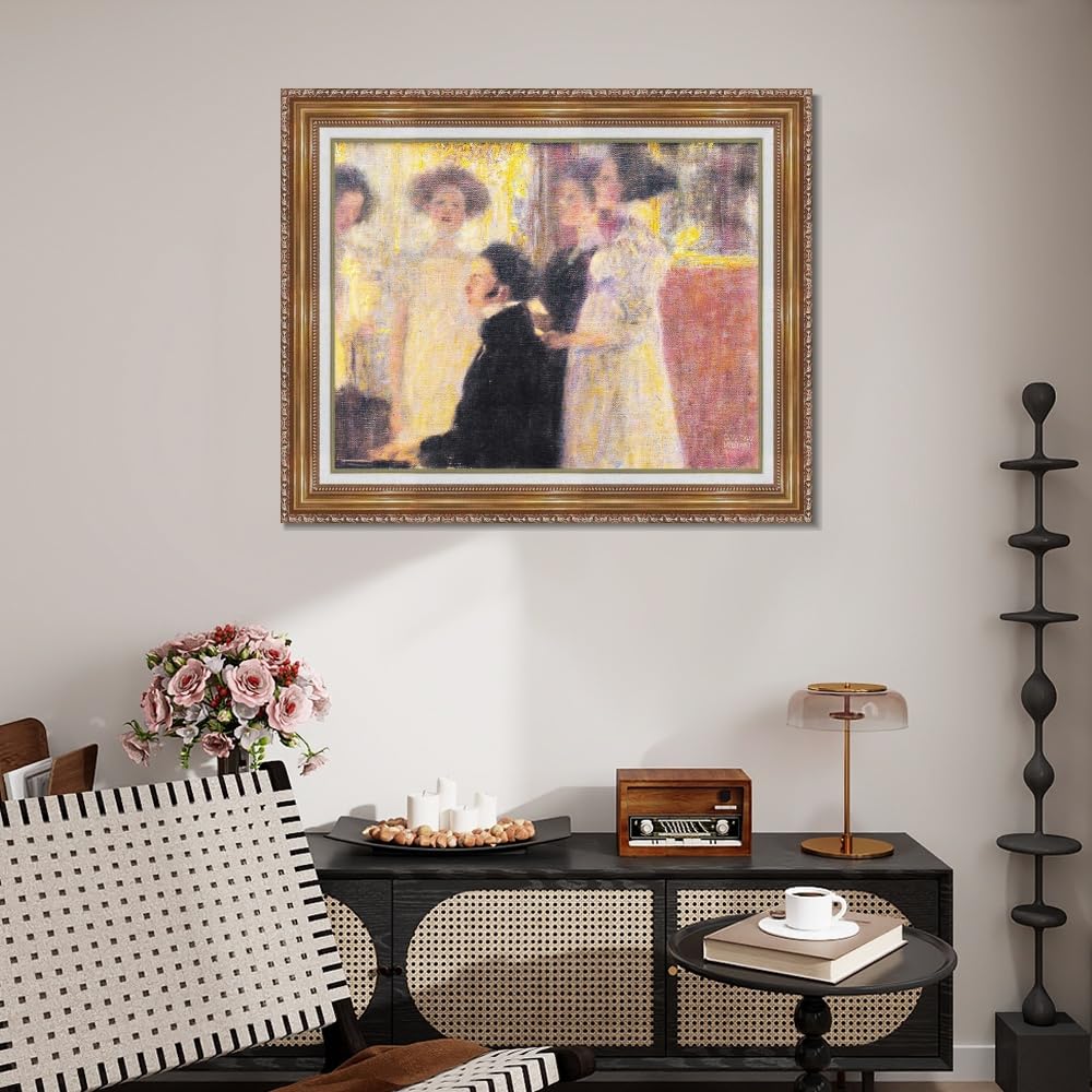 INVIN ART Framed Canvas Wall Art - Gustav Klimt 'Schubert at The Piano' Giclee Print with Gold Embossed Frame (28x40 inches) - Elegant Home & Office Decor for Living Room, Bedroom, Dining Area
