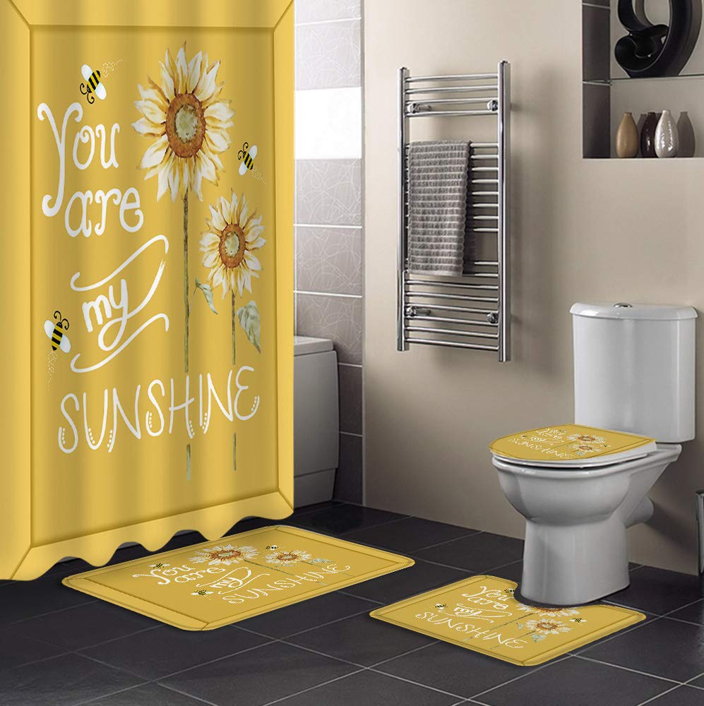 BABE MAPS 4-Piece Sunflower Shower Curtain Set - Includes Non-Slip Bath Rug, Toilet Lid Cover, Bath Mat & 12 Hooks - Waterproof Bathroom Decor in You Are My Sunshine Yellow - Perfect for Farmhouse, Vintage & Boho Style Bathrooms