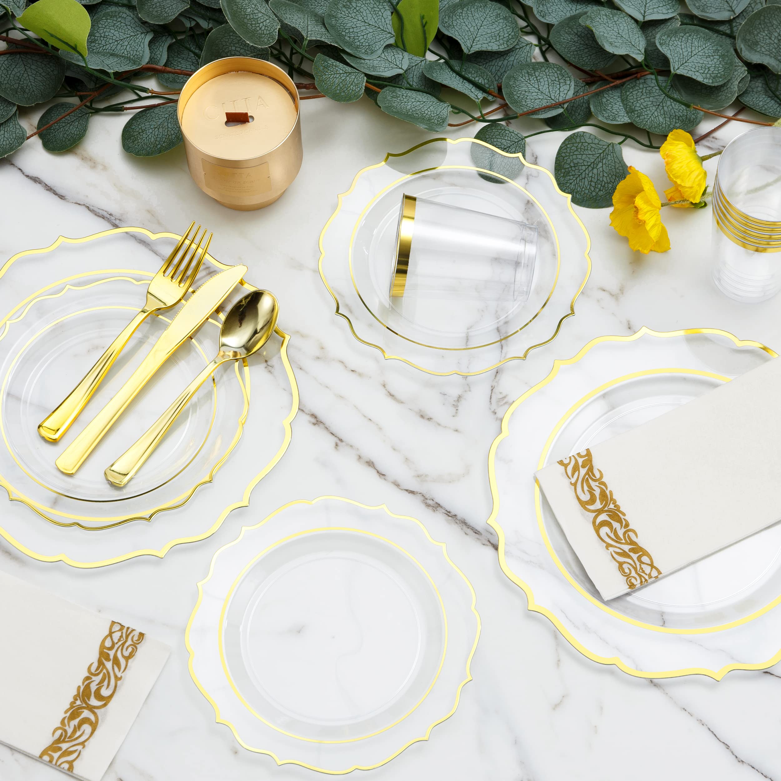 200-Piece Baroque Gold Rimmed Disposable Dinnerware Set - Heavy Duty Plastic Plates, Cutlery & Napkins for 25 Guests | Elegant Wedding, Party & Event Tableware | Includes Dinner Plates, Dessert Plates, Spoons, Forks, Knives & Cups