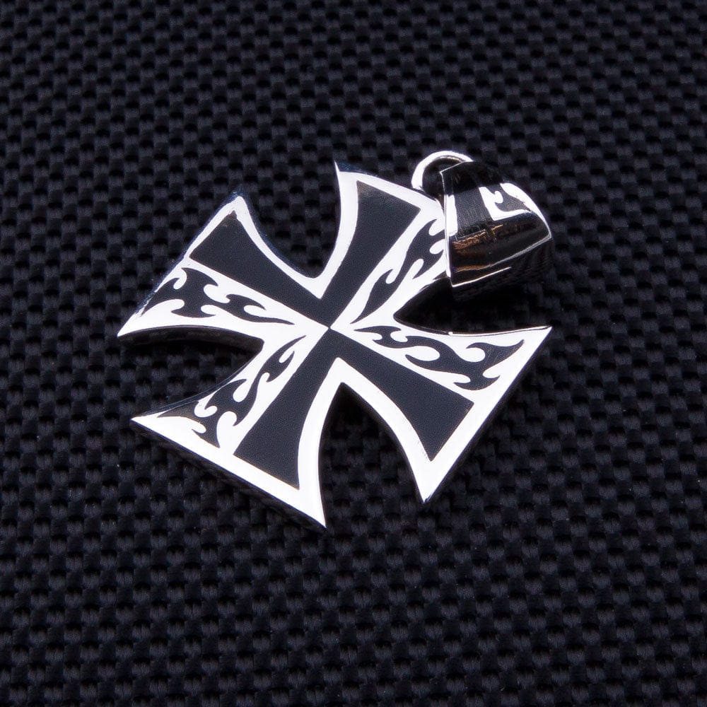 Cross Tattoo Sterling Silver Biker Pendant Necklace for Men - Gothic Biker Jewelry for Motorcycle Riders & Rock Music Fans