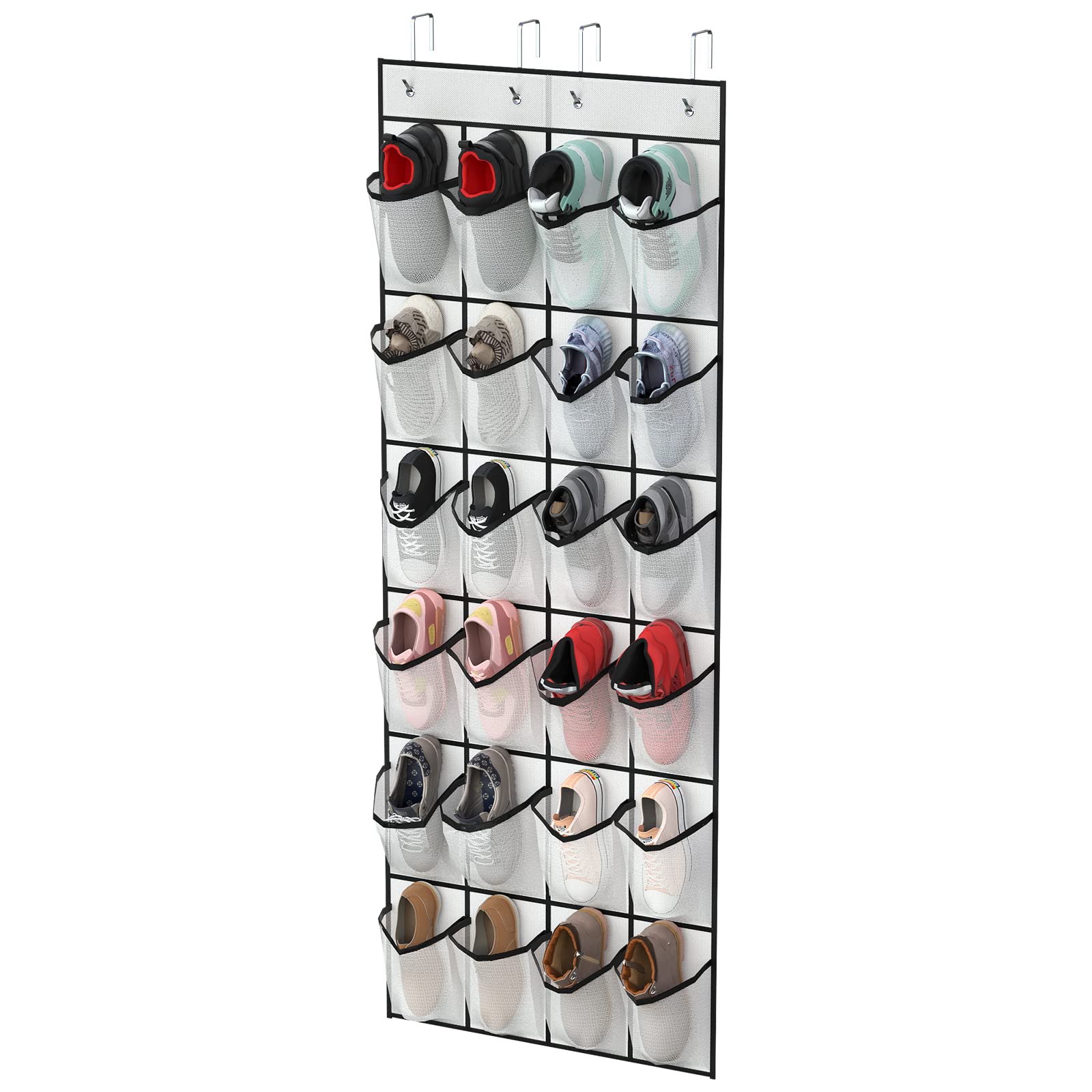 Over Door Shoe Organizer - 24 Large Mesh Pockets Hanging Shoe Rack for Closet Storage | Space Saving Shoe Hanger for Bedroom, Entryway & Dorm Organization (White)