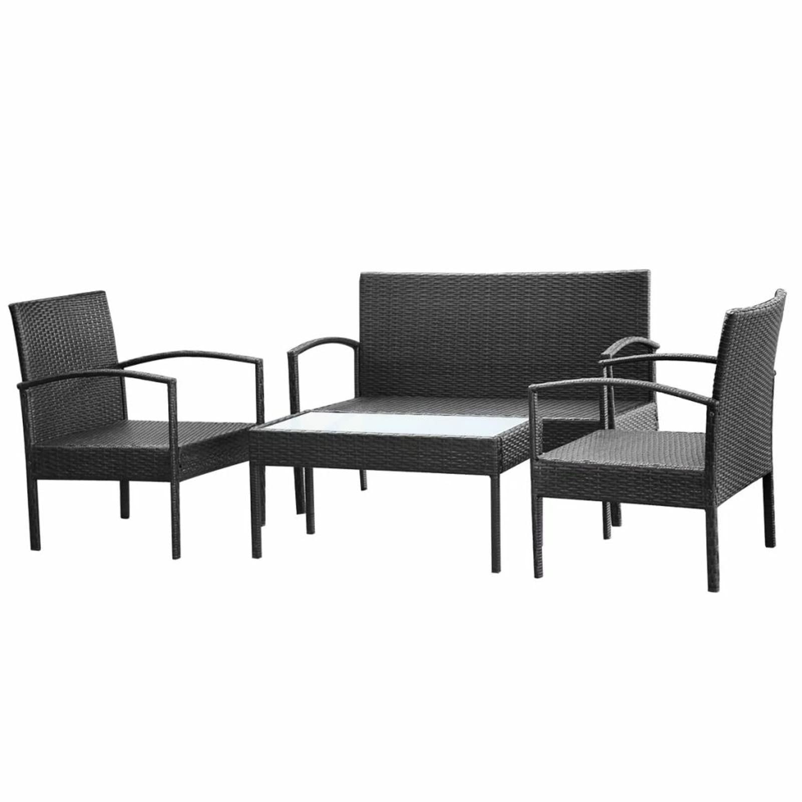 Premium 4-Piece Patio Lounge Set - Cream White Cushioned 2-Seater Sofa with 2 Armchairs & Coffee Table - Black Poly Rattan Outdoor Furniture for Backyard, Garden, Poolside Relaxation & Entertaining